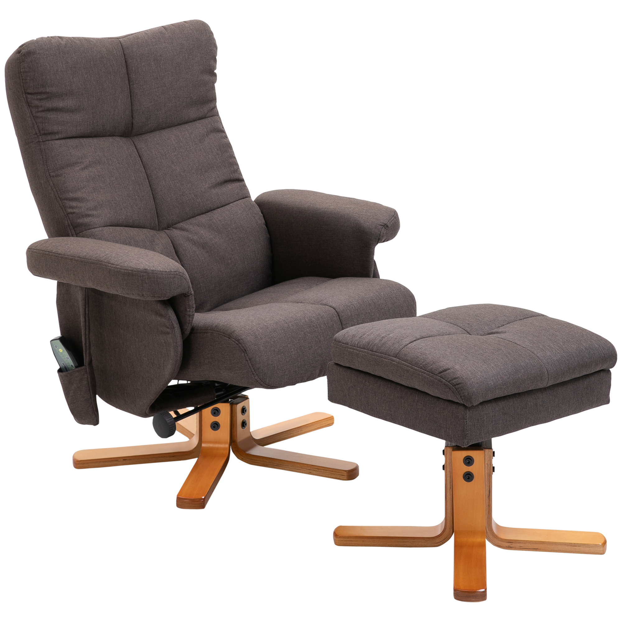 Relaxsessel mit Fußhocker, Stauraum, Elektrischer Massagesessel mit Liegefunktion, Drehbarer Fernsehsessel mit Seitentasche, Fernbedienung, Holzrahmen, Polyester, Braun