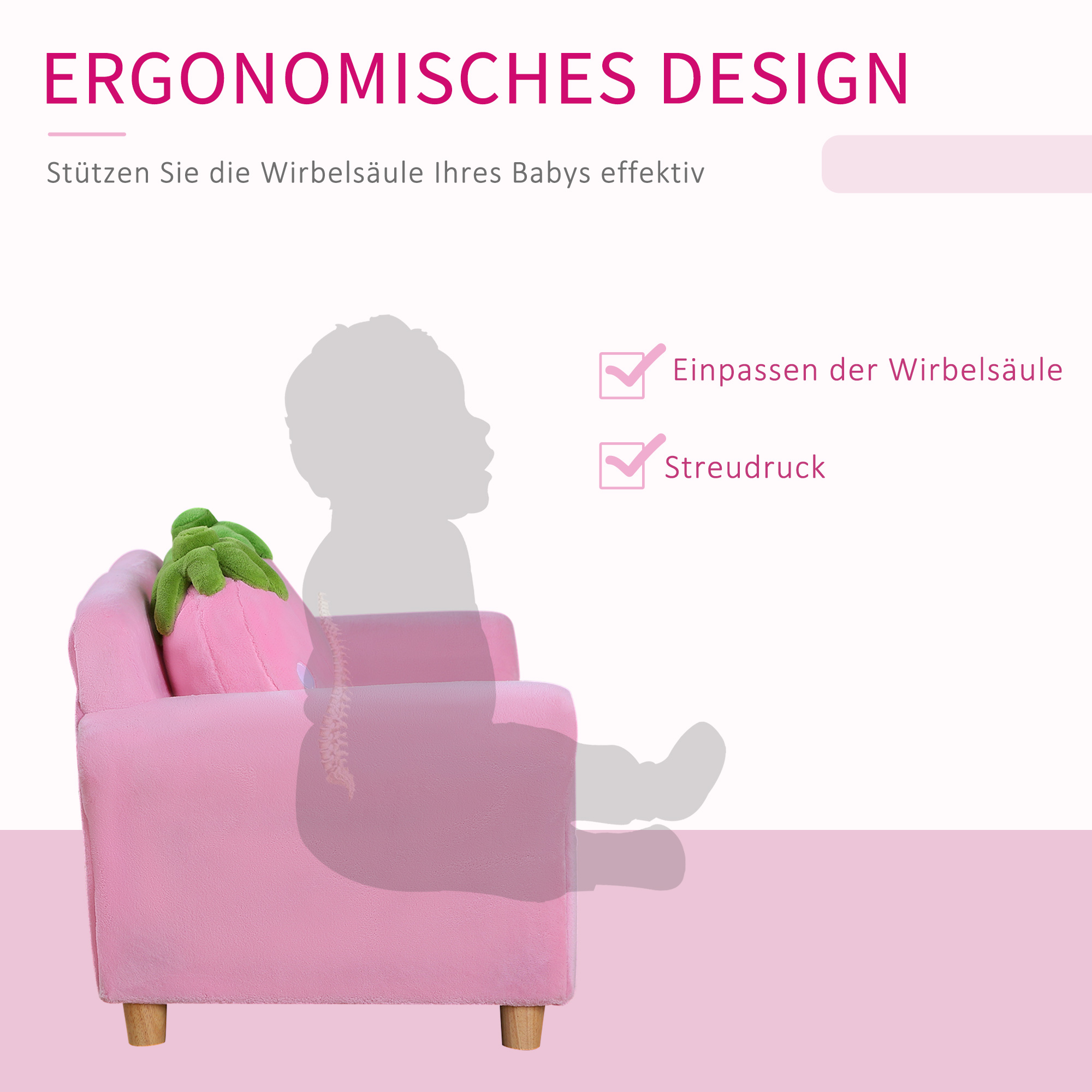 Kindersessel Kindersofa mit Korallenvlies-Optik, massiven Holzfüßen Sessel aus Schaumstoff Kinderstuhl für Kinderzimmer, Spielzimmer, 90 x 53 x 48cm, Rosa
