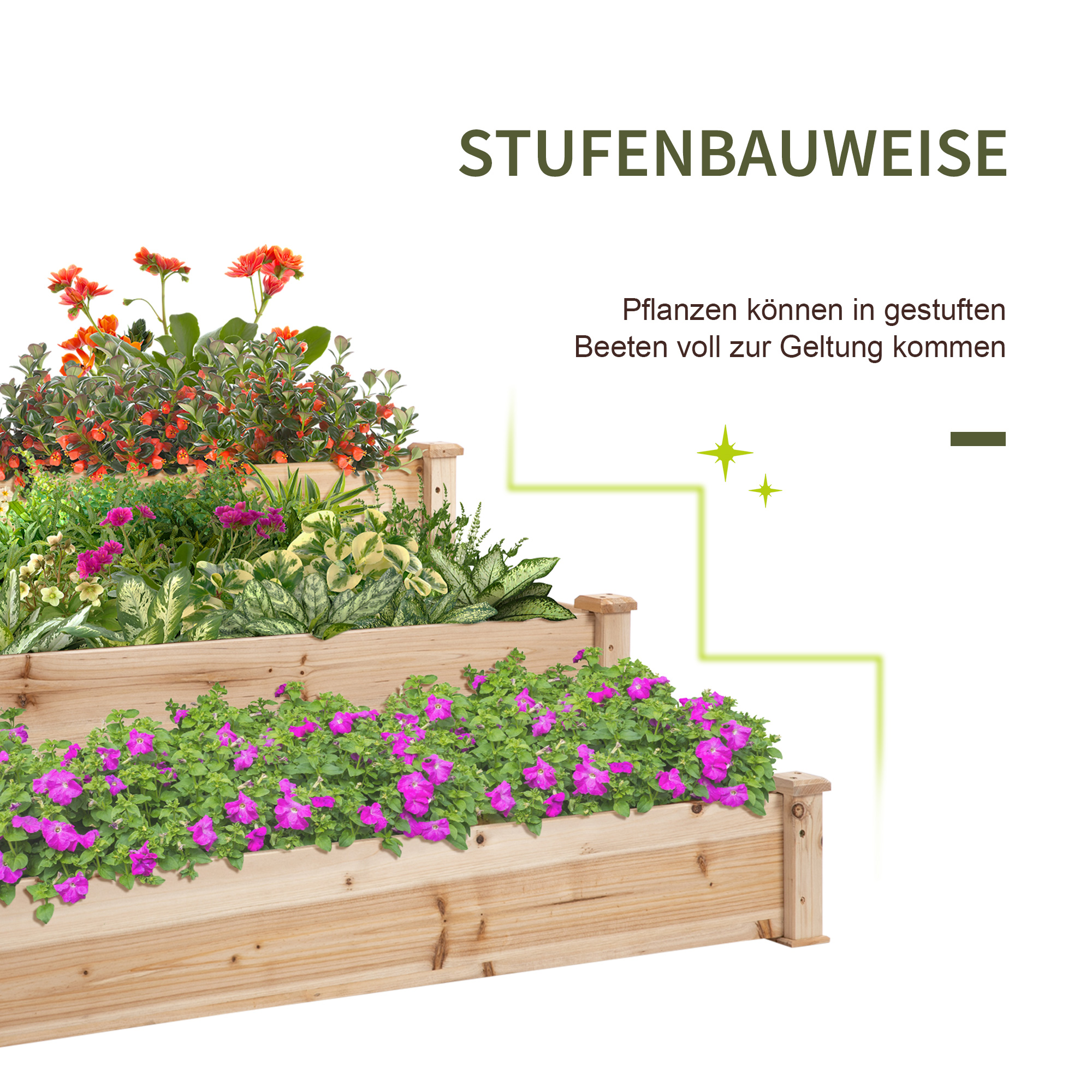 Hochbeet 3-stufige Gartenbeet Pflanzenbeet  Kräuterbeet Blumentreppe für Balkon Garten Natur Tannenholz 120 x 120 x 56 cm