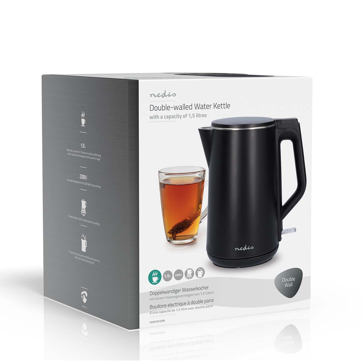 Wasserkocher | 1.5 l | Plastik | schwarz | Um 360 Grad drehbar | Verdecktes Heizelement | Strix Controller | Boil-dry protection