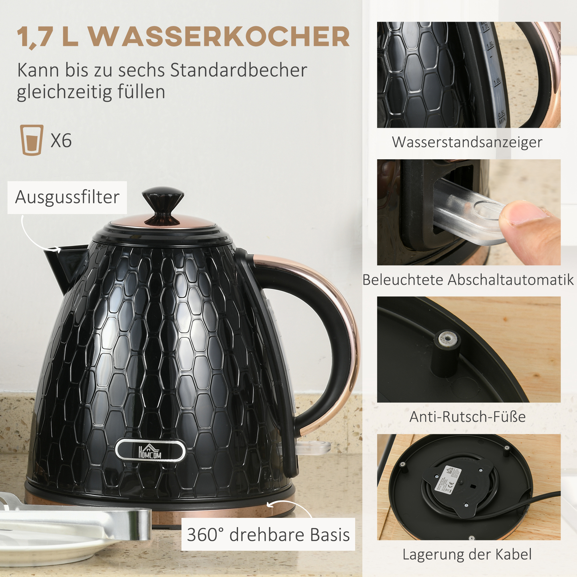 Wasserkocher- und Toaster-Set, 1,7 L, verschiedene Modi, LED-Anzeigen, Schwarz