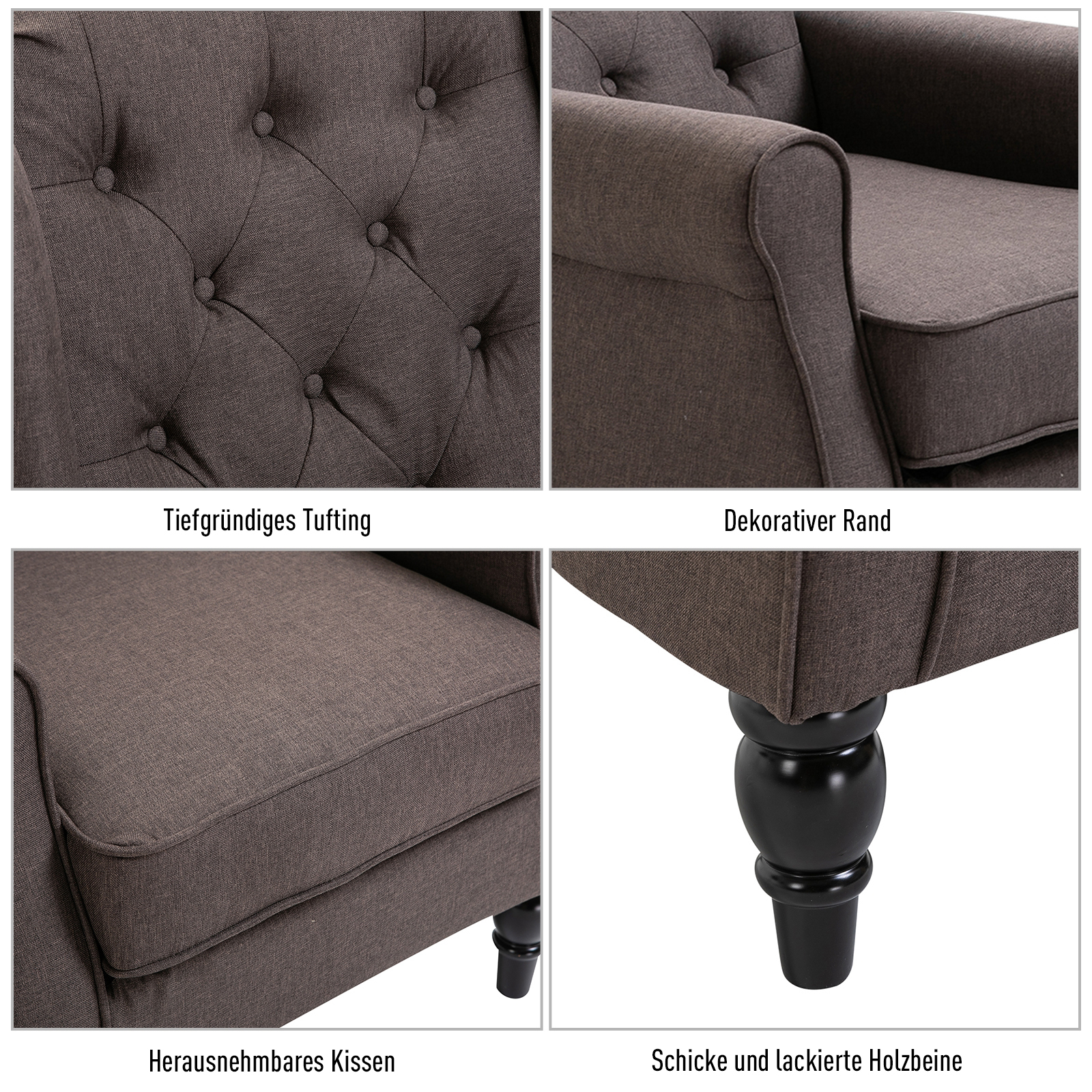 Ohrensessel Sessel mit Tufting, hoher Rückenlehne, Gepolstert Loungesessel mit abgerundeten Armlehnen, Holzbeine, für Schlafzimmer, Wohnzimmer, bis 160 kg, Braun