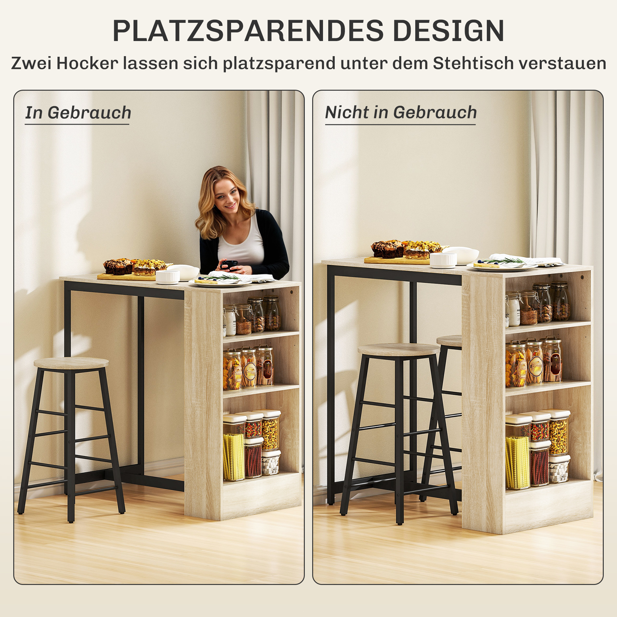 3-teiliges Bartisch-Set, 1 Tresen, 2 Stühle, mit Stauraum und Fußstützen, platzsparend, Hellbraun+Schwarz