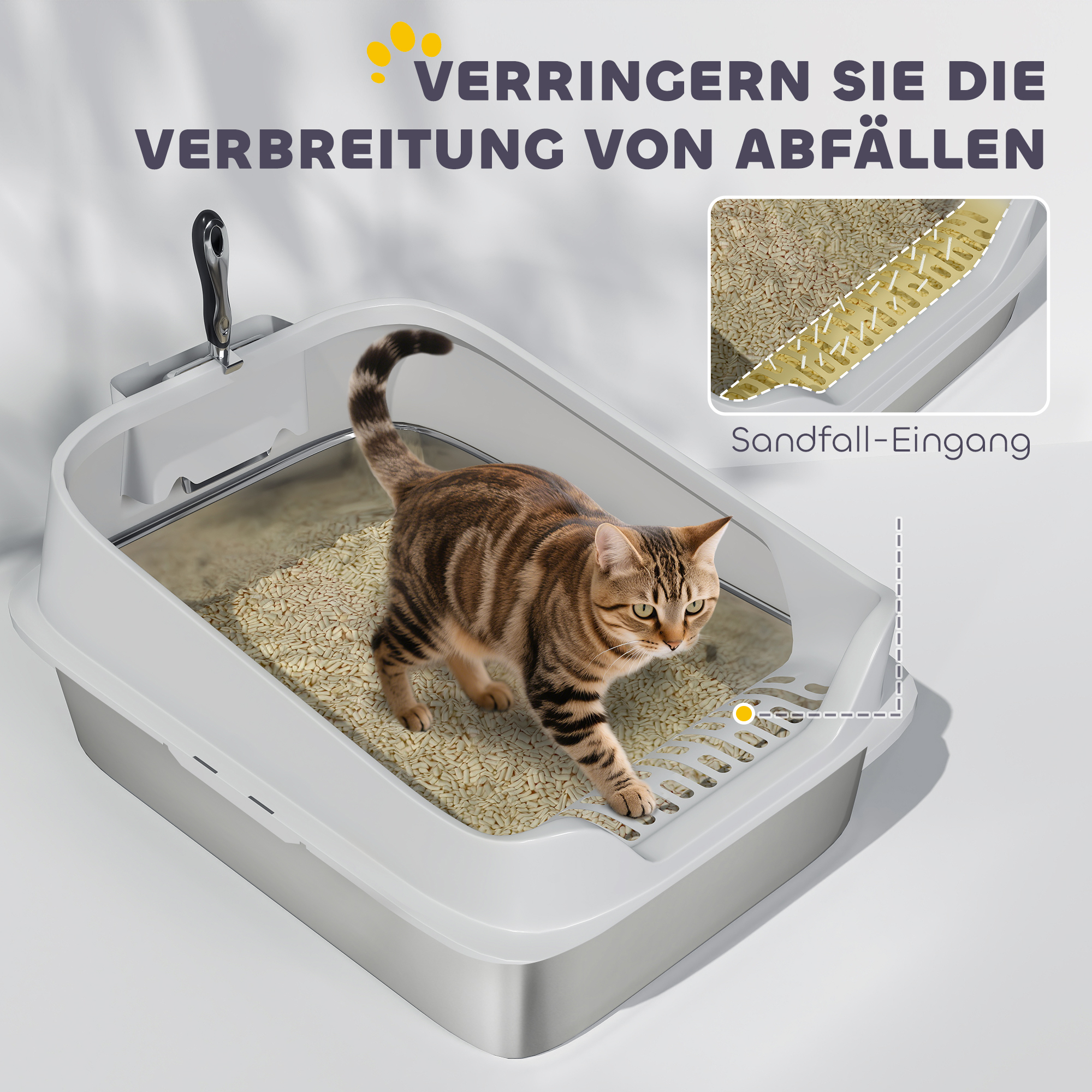 Katzentoilette Edelstahl Offene Katzenklo mit Schaufel hohem Rand für große Katzen bis 7 kg, 60,2 x 40,2 x 29,7 cm, Grau