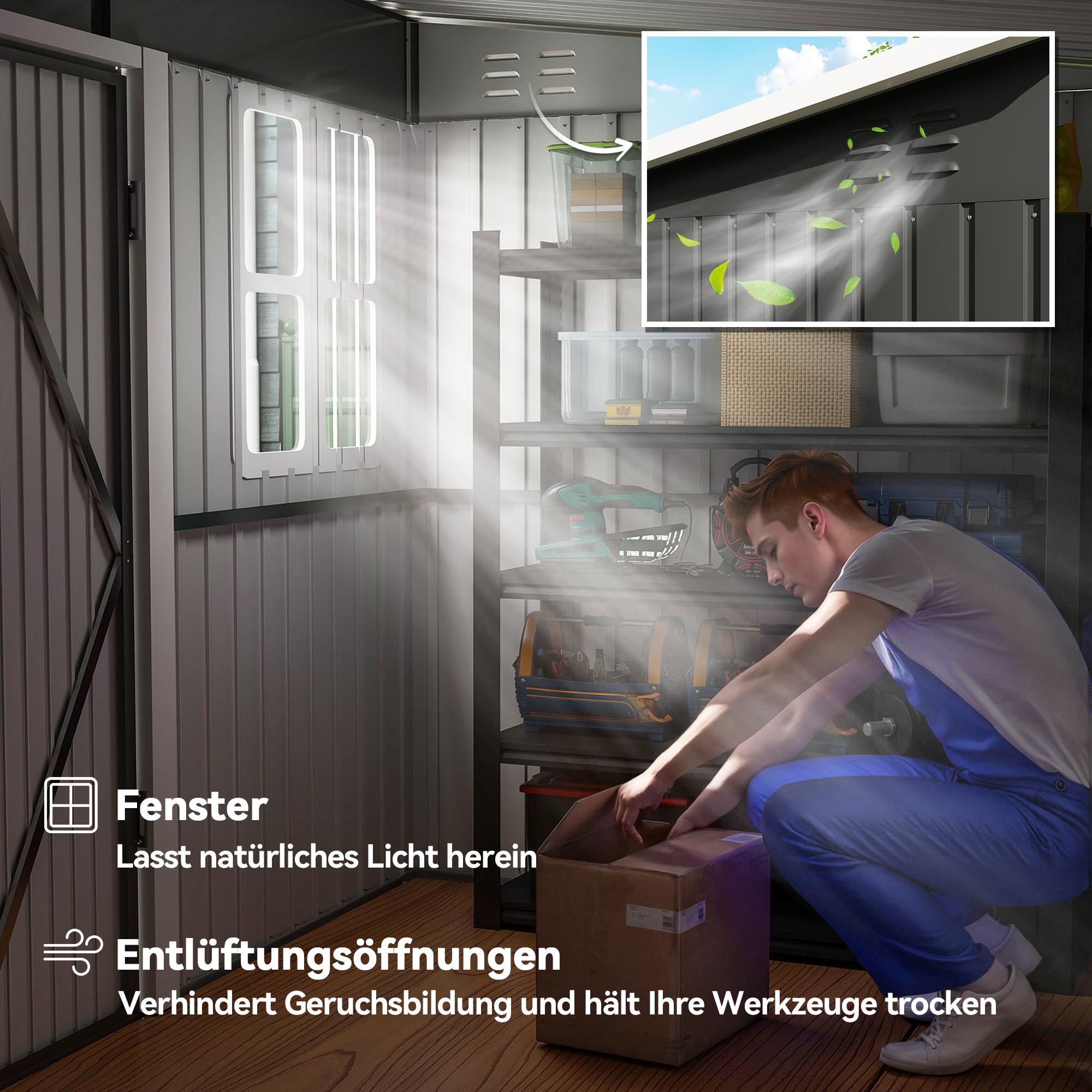 Metallschuppen zur Aufbewahrung von Gartengeräten, mit Fenster, breite Tür, 260 x 177 x 190 cm, Dunkelgrau