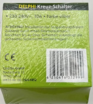 DELPHI Kreuzschalter, 250V~/ 10A, inkl. Rahmen, UP, silber
