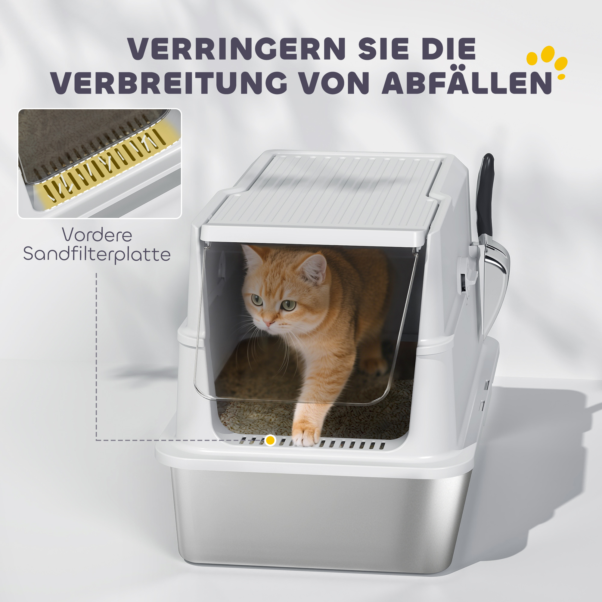 Katzentoilette, Edelstahl, XL-Innenraum, mit Schaufel, Hellgrau