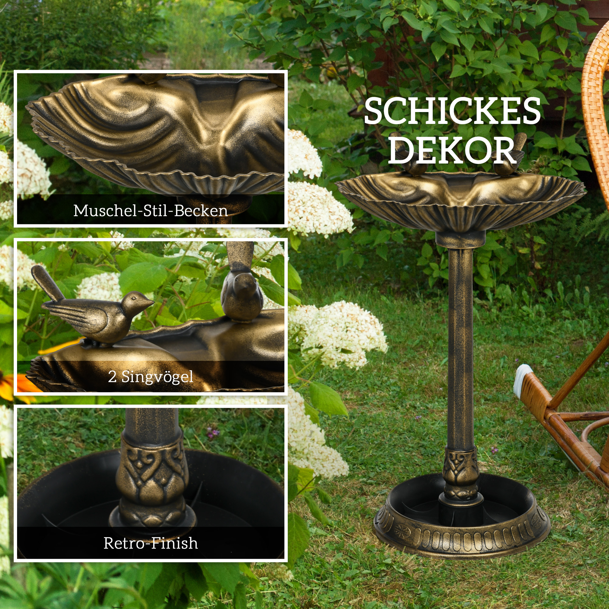 Vogeltränke, Vogelbad mit Statuen, 2 Becken, Kunststoff, antiker Look, 49,5L x 38B x 81H cm, Bronzefarben