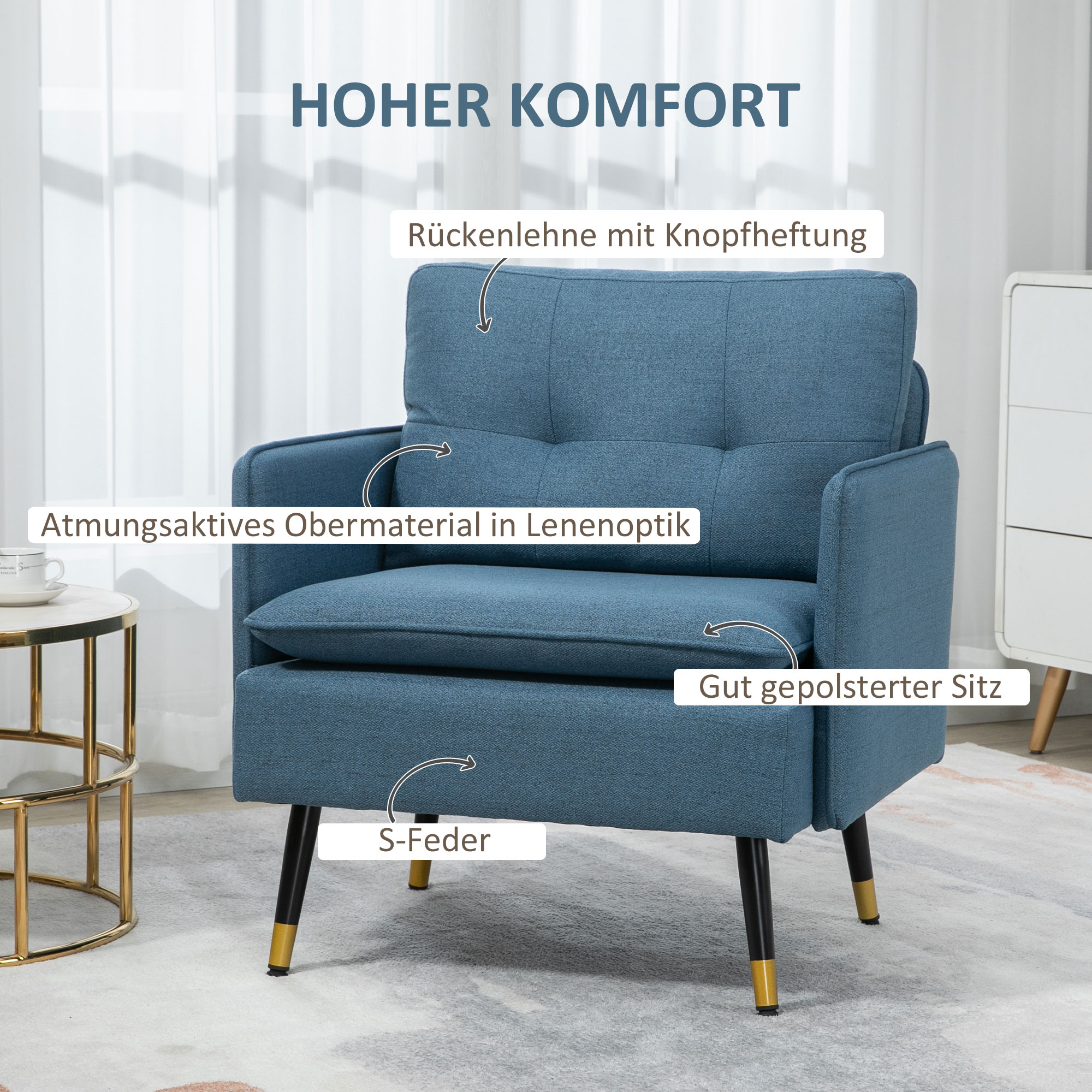 Akzentsessel mit Knopfheftung, Polstersessel, abnehmbare Polster, Schwarz + Gold + Blau