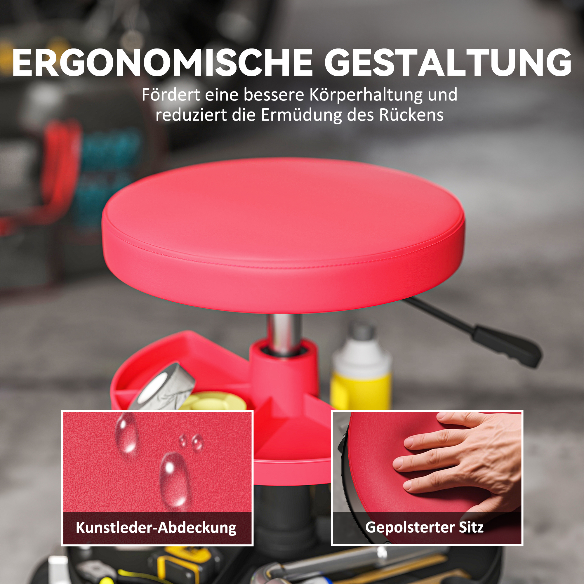 Werkstatthocker mit Rollen Tabletts höhenverstellbar 40-51cm Rollhocker bis 135 kg belastbar Rot