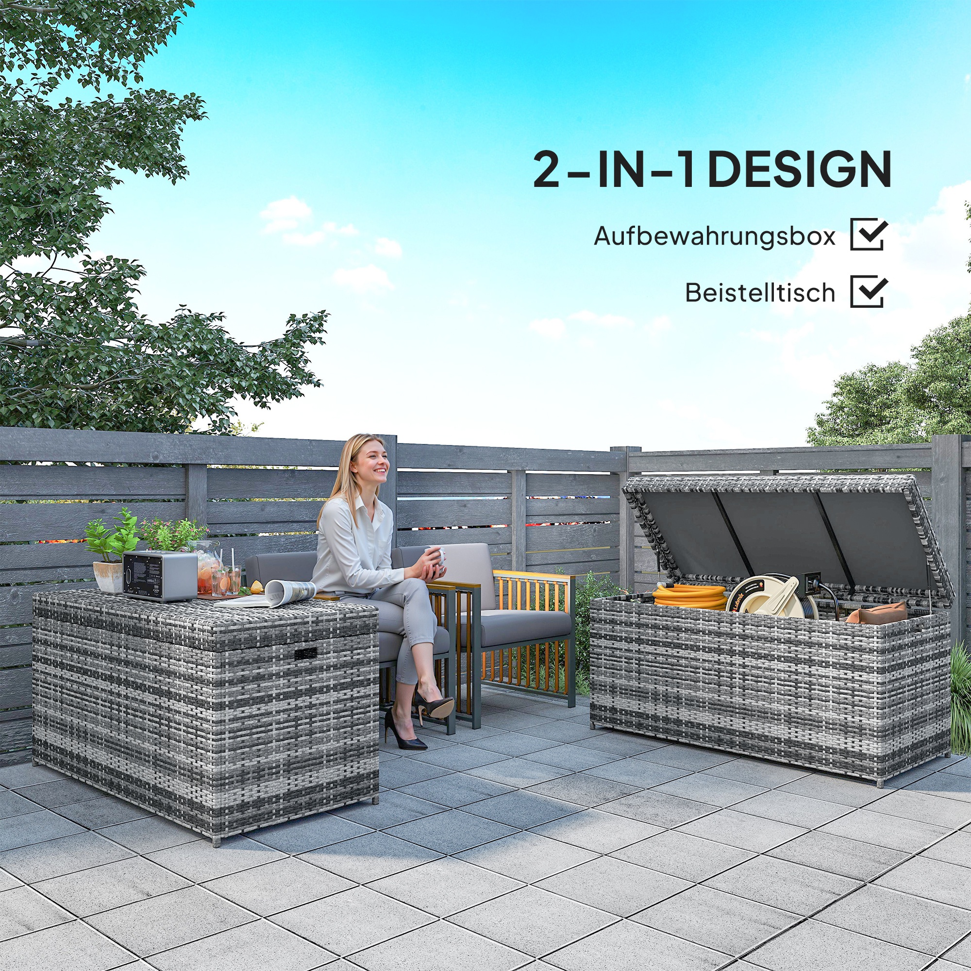 Rattan Auflagenbox 380L wetterfest Kissenbox mit Deckel Stauraum UV-beständig 130 x 61 x 65 cm Dunkelgrau