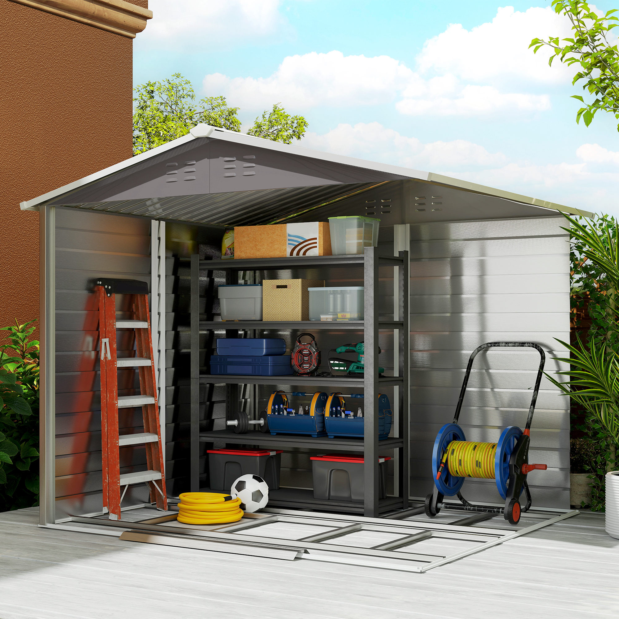 Geräteschuppen, aus Metall, wetterfest & rostfrei, abschließbar,  2,40 x 2,06 x 1,98 m, Hellgrau