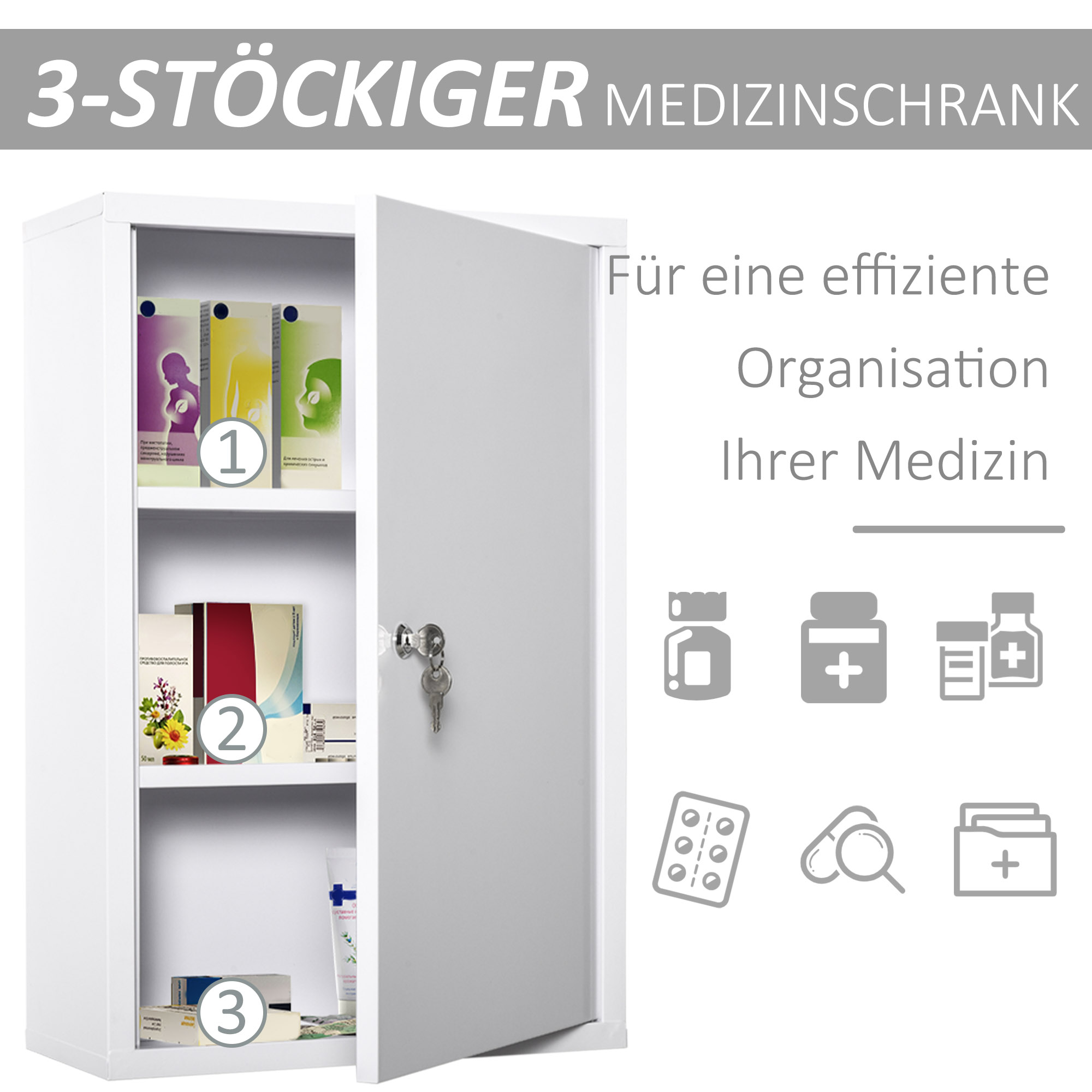 Medizinschrank Arzneischrank zur Medikamenten-Aufbewahrung, Abschließbar Medikamentenschrank Metall mit 3 Fächern Erste-Hilfe-Schrank, 40 x 18 x 60 cm, Weiß