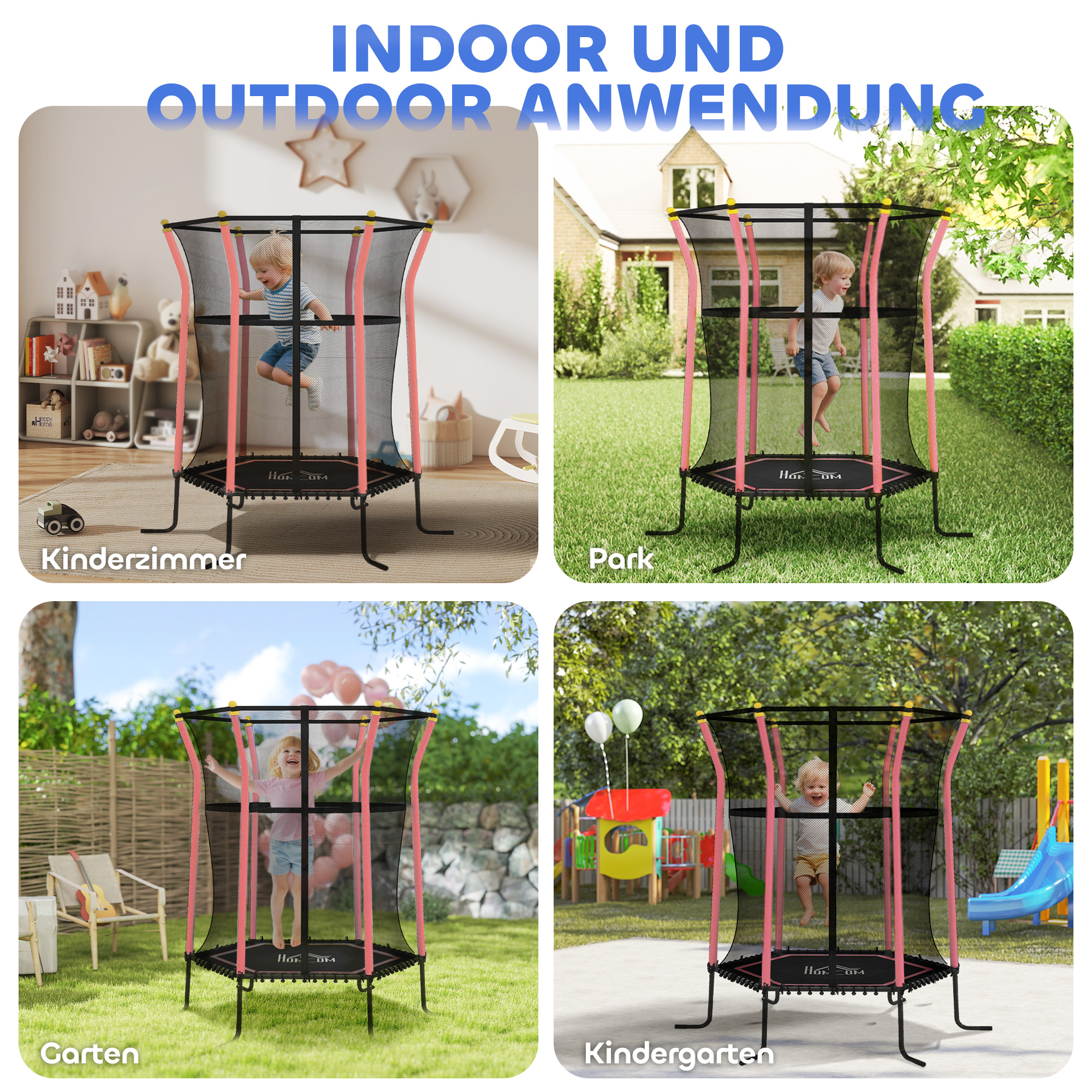 Trampolin für Kinder, Ø163,5 cm, mit Sicherheitsnetz, gepolstert, Stahl, belastbar bis 50 kg, Schwarz & Rot