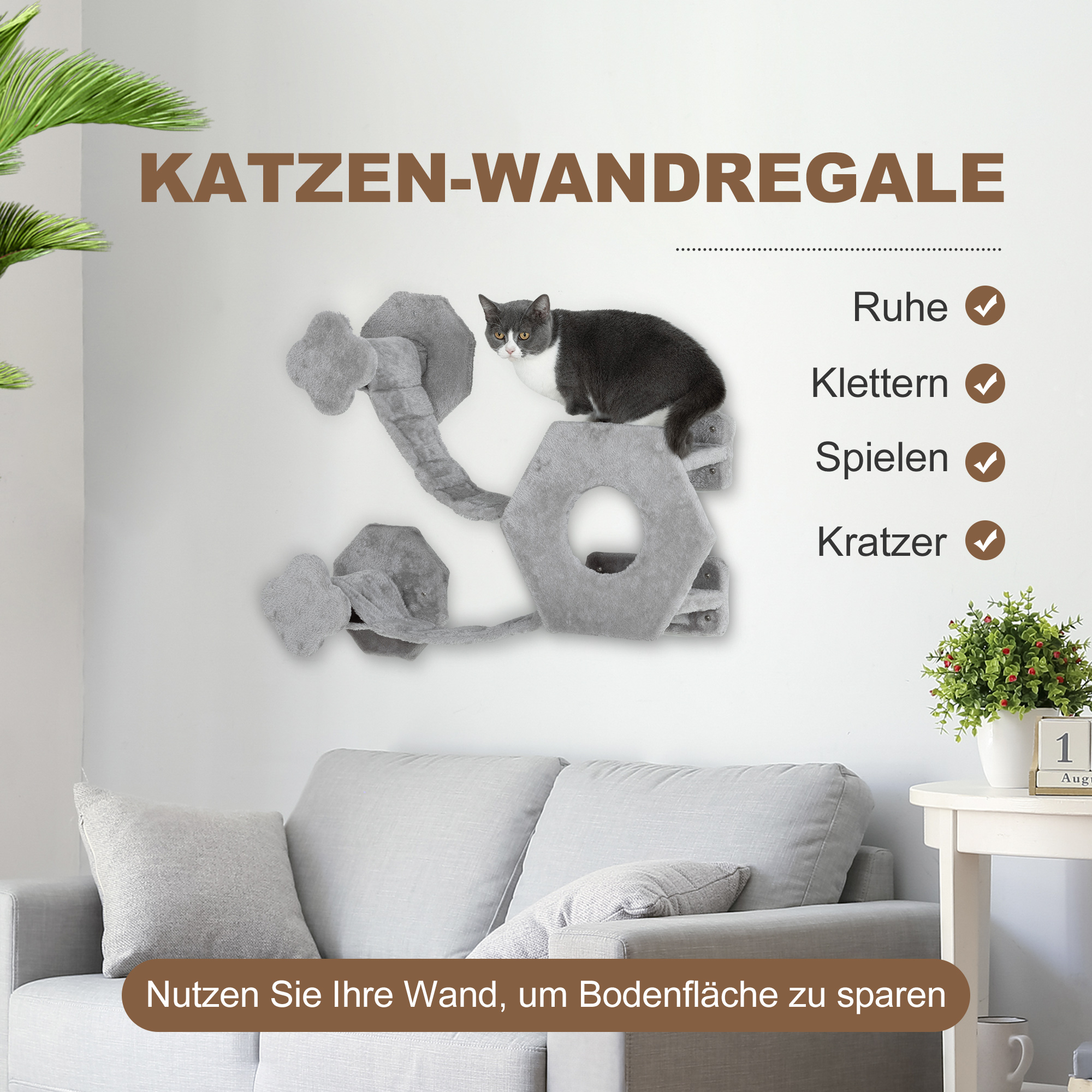 Katzen Kletterwand, inkl. Katzenhaus, Leitern, Spielball, platzsparend, Hellgrau