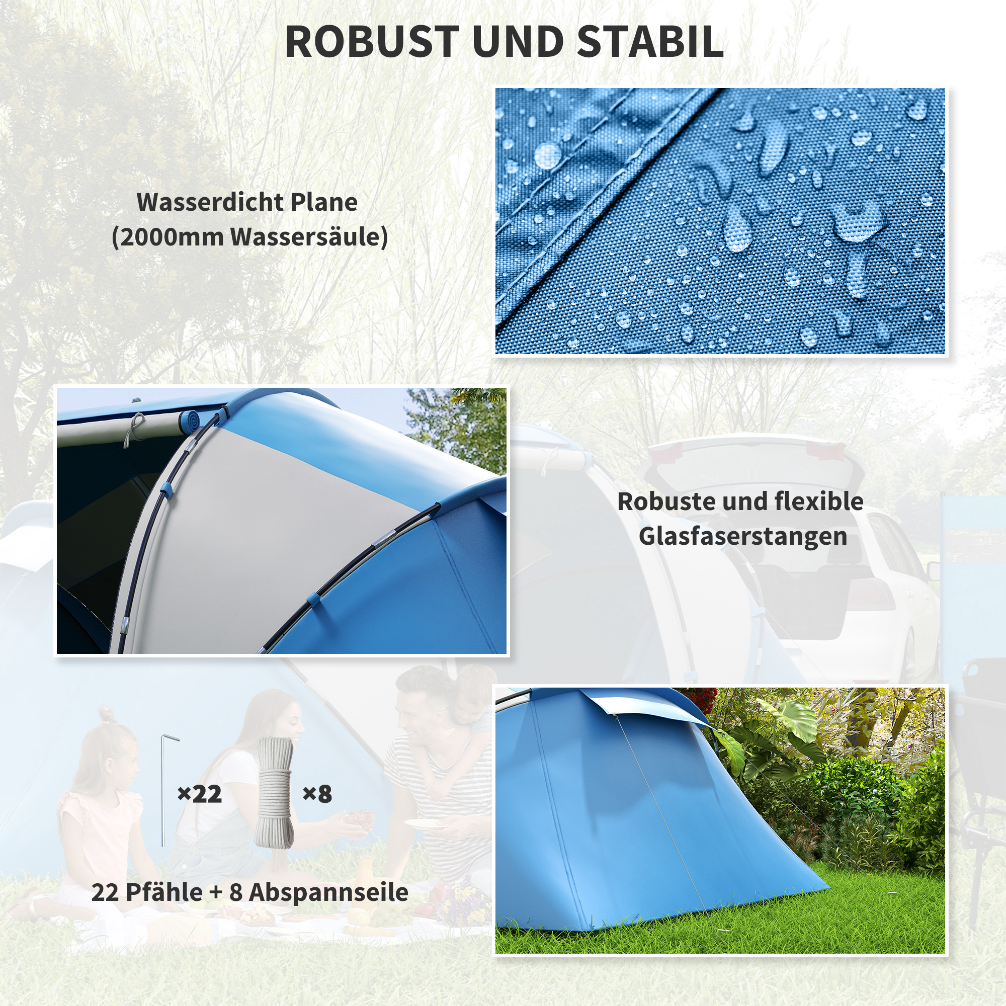 Campingzelt für 4-6 Personen leicht, stabil wasserdicht Familienzelt mit Eingang Bodenplane, Zelt mit 2000mm Wassersäule Tunnelzelt Kuppelzelt für Camping Reise Trekking Garten, Blau