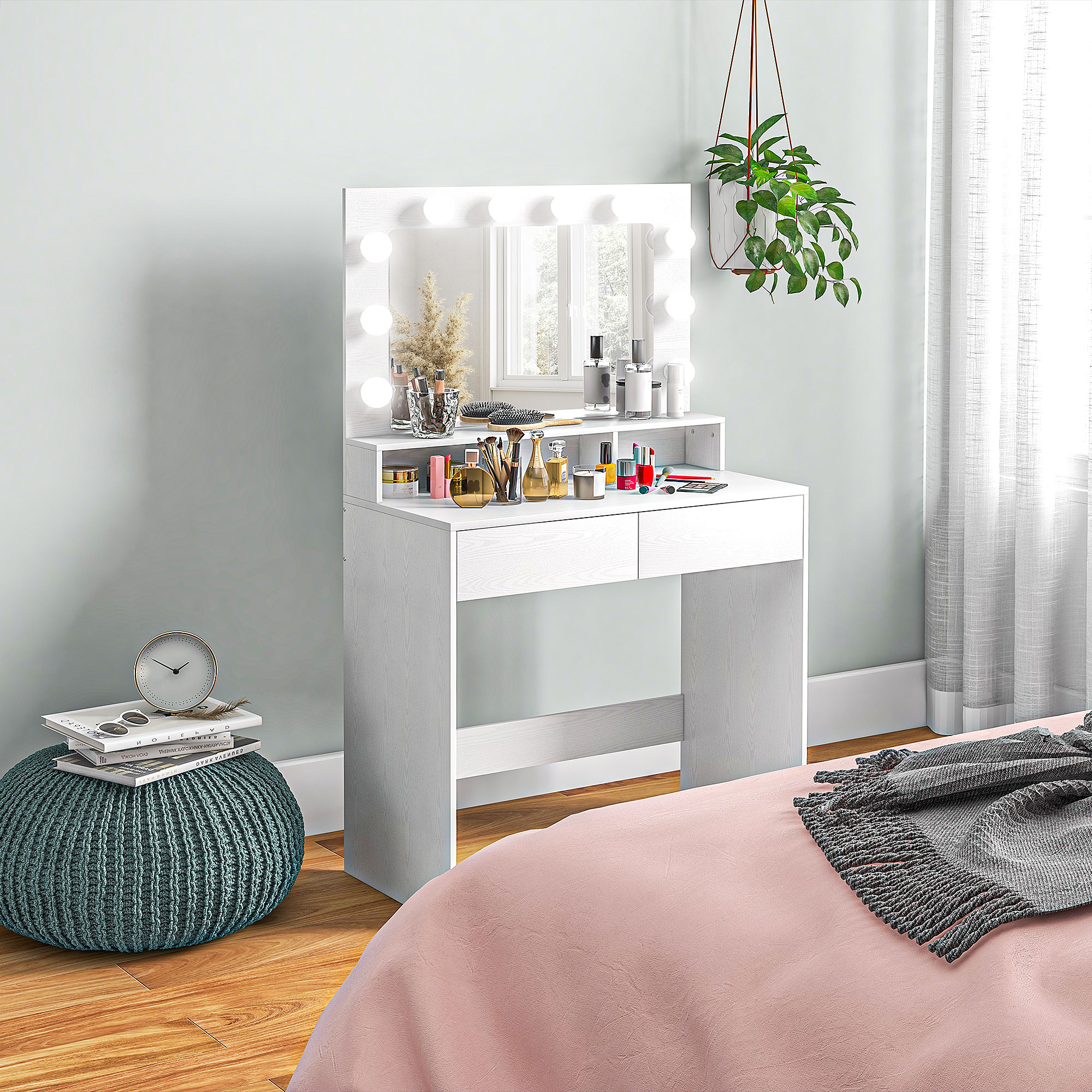 Frisiertisch mit beleuchtetem Spiegel, Schubladen, 3 Lichtoptionen, 10 Glühbirnen, moderner Schminktisch in Weiß