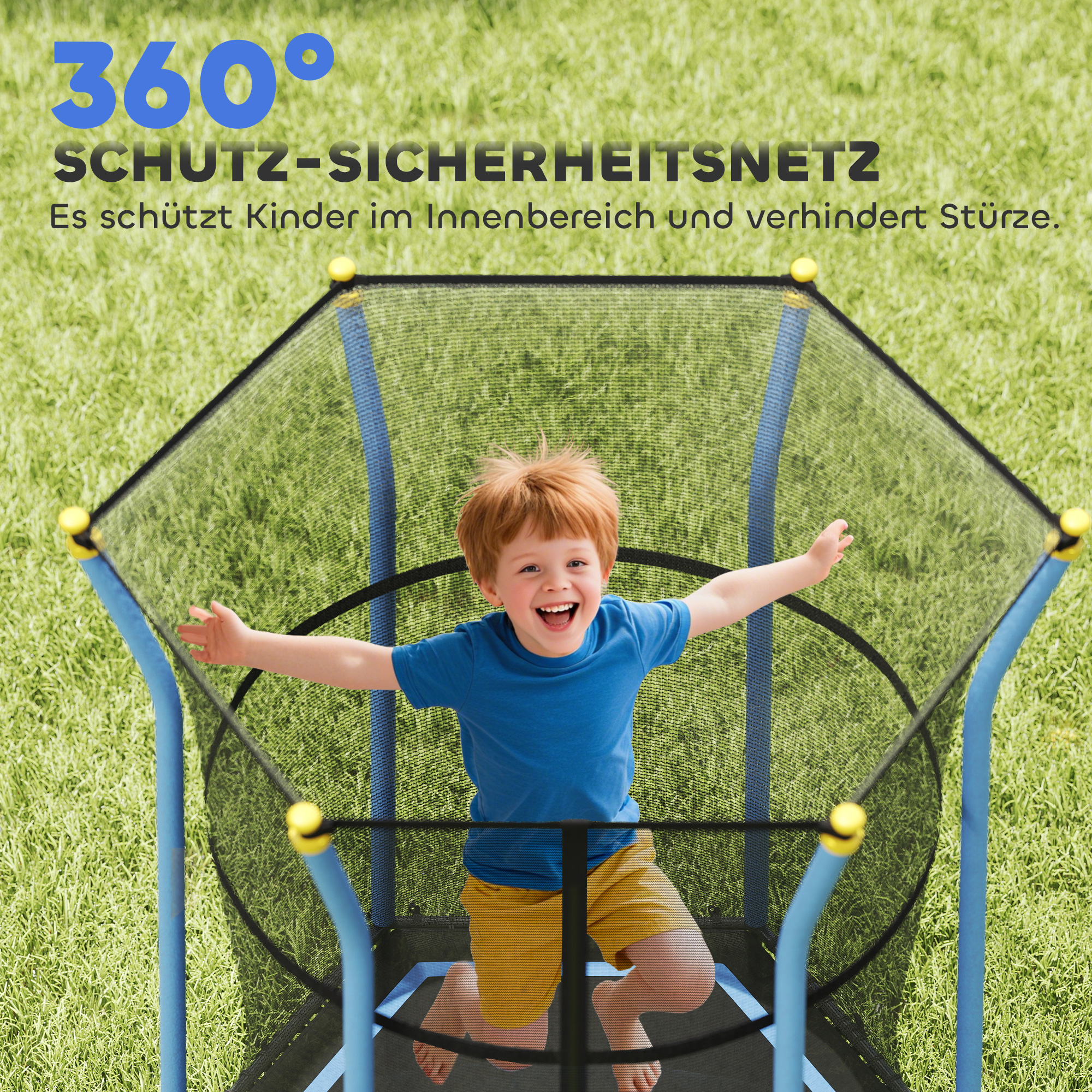 Trampolin für Kinder, Ø163,5 cm, mit Sicherheitsnetz, gepolstert, Stahl, belastbar bis 50 kg, Schwarz & Blau