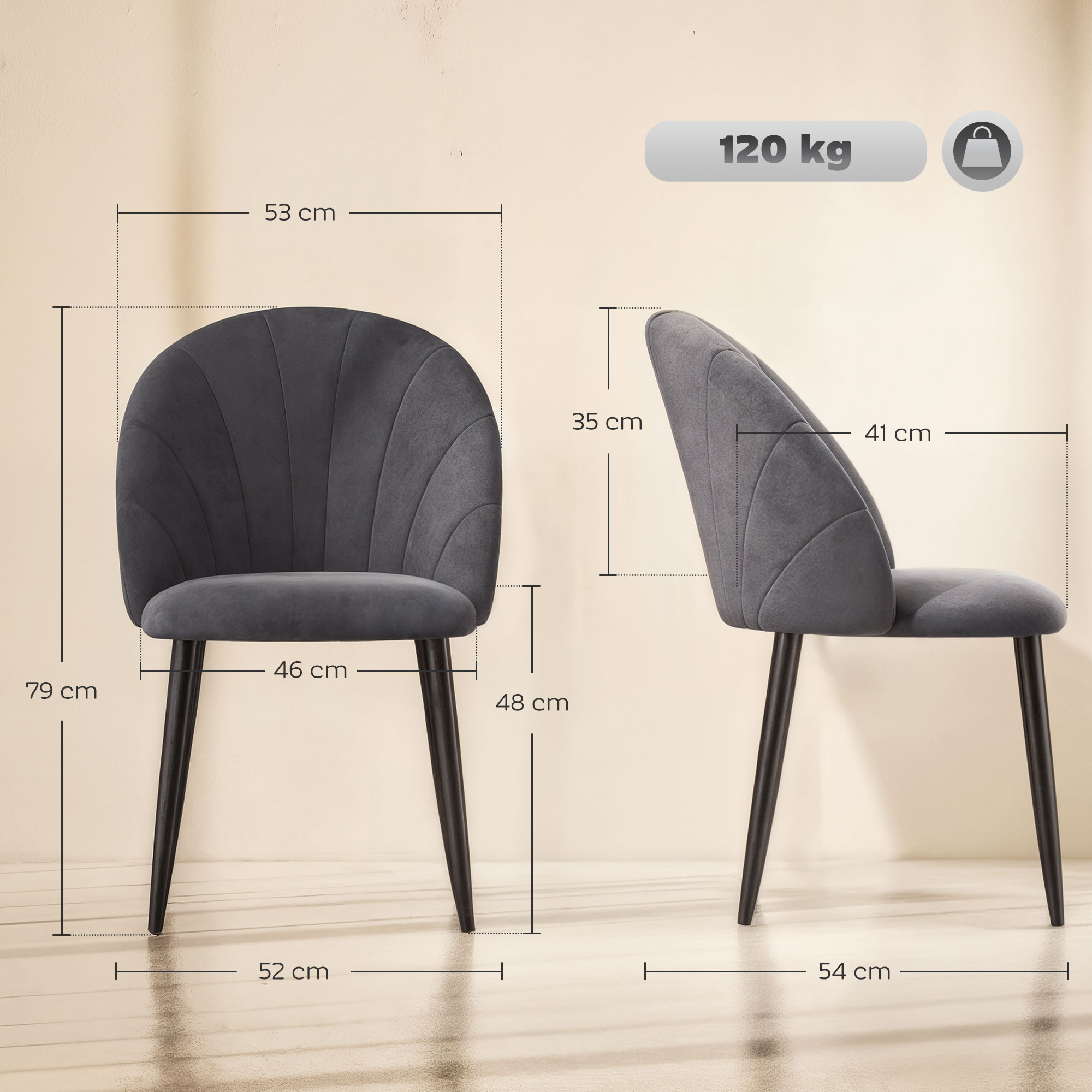 2er-Set Esszimmerstühle Akzentstühle Küchenstühle, Retrodesign, Samtoptik, 52 cm x 54 cm x 79 cm, Grau