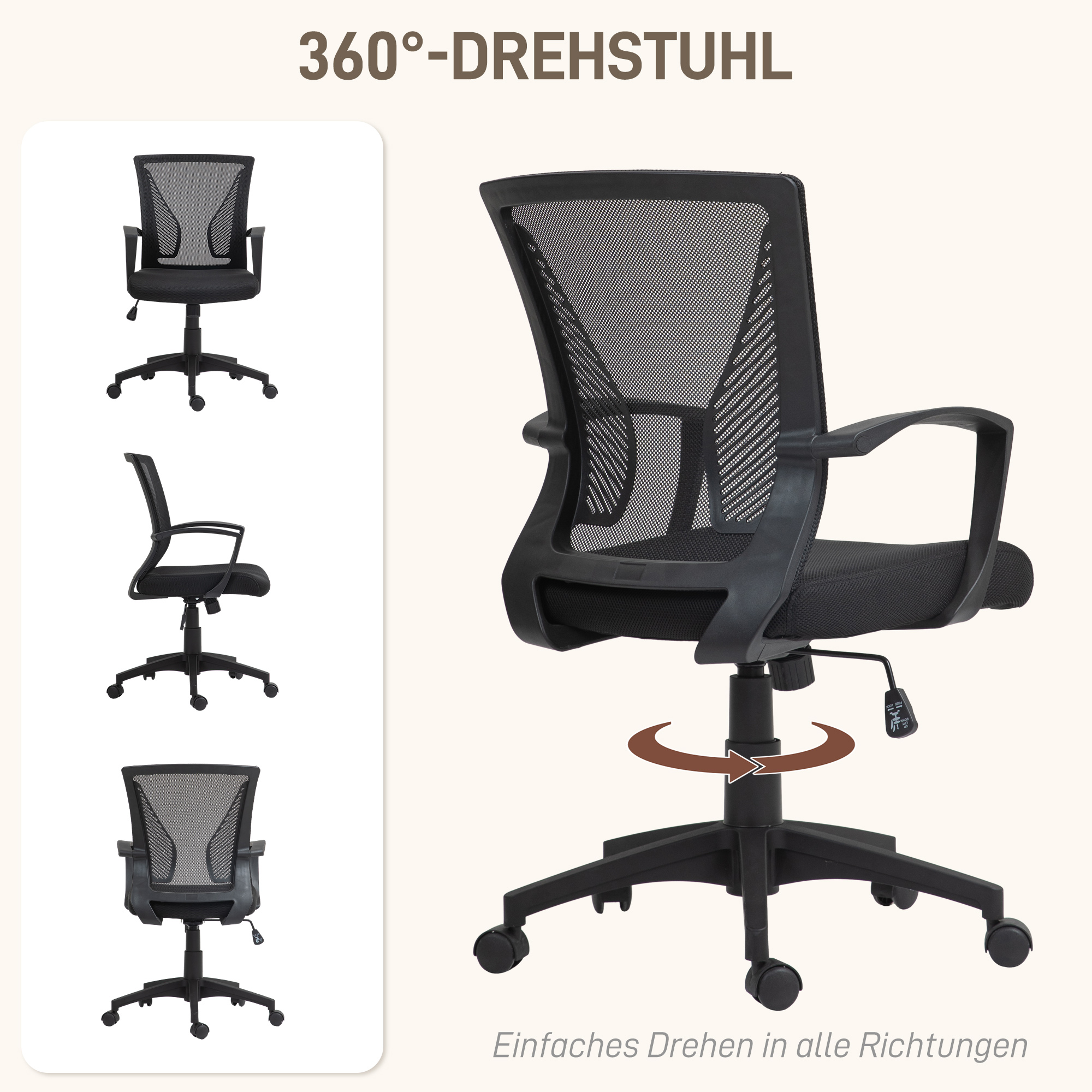 Bürostuhl mit Mesh-Rückenlehne, höhenverstellbar, bis 120 kg, Schwarz