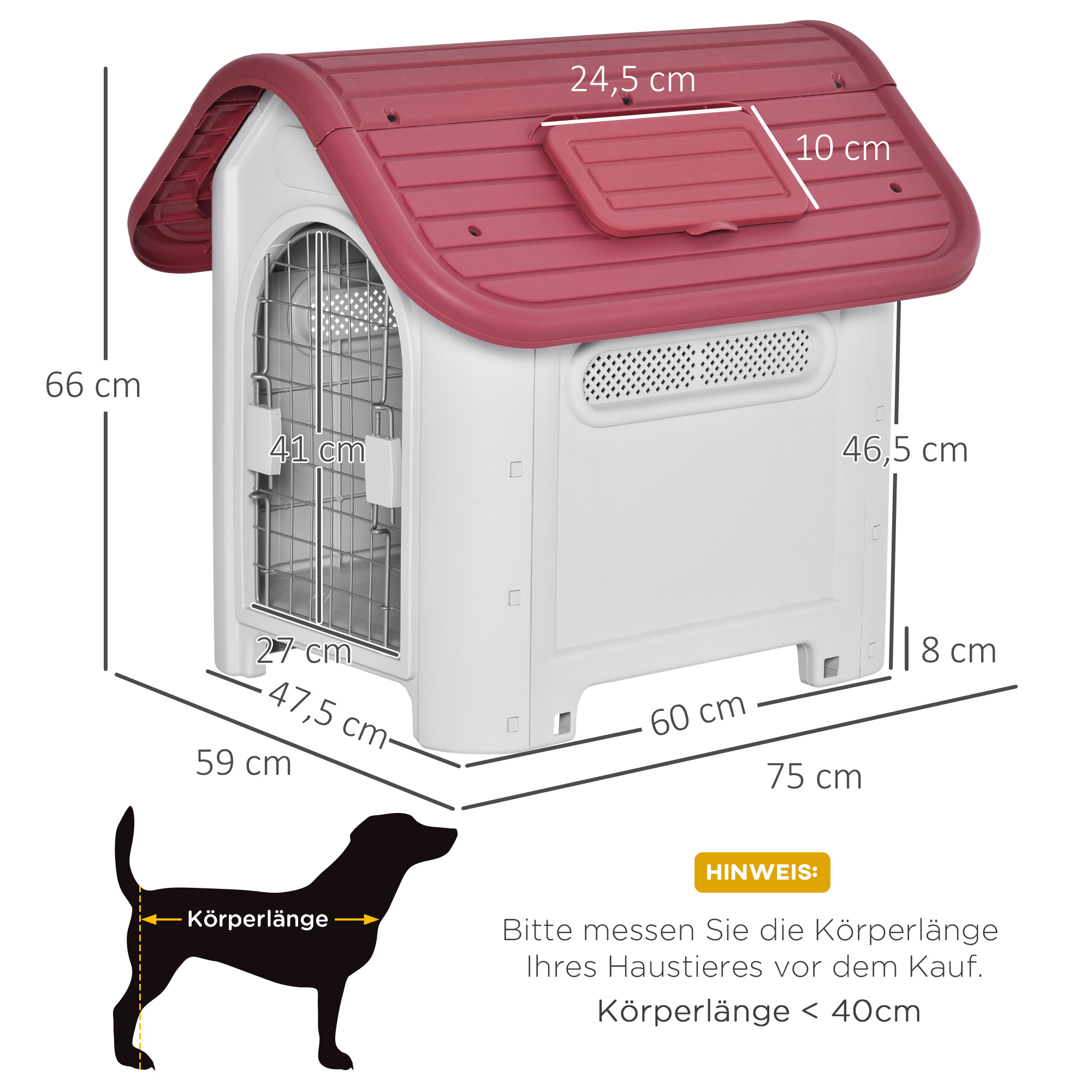 Hundehütte Outdoor Hundehaus mit Dachluke Tor Unterschlupf für kleine Hunde Kleintierstall Luftzirkulation wasserdicht Metall Kunststoff Rot+Hellgrau 59 x 75 x 66 cm