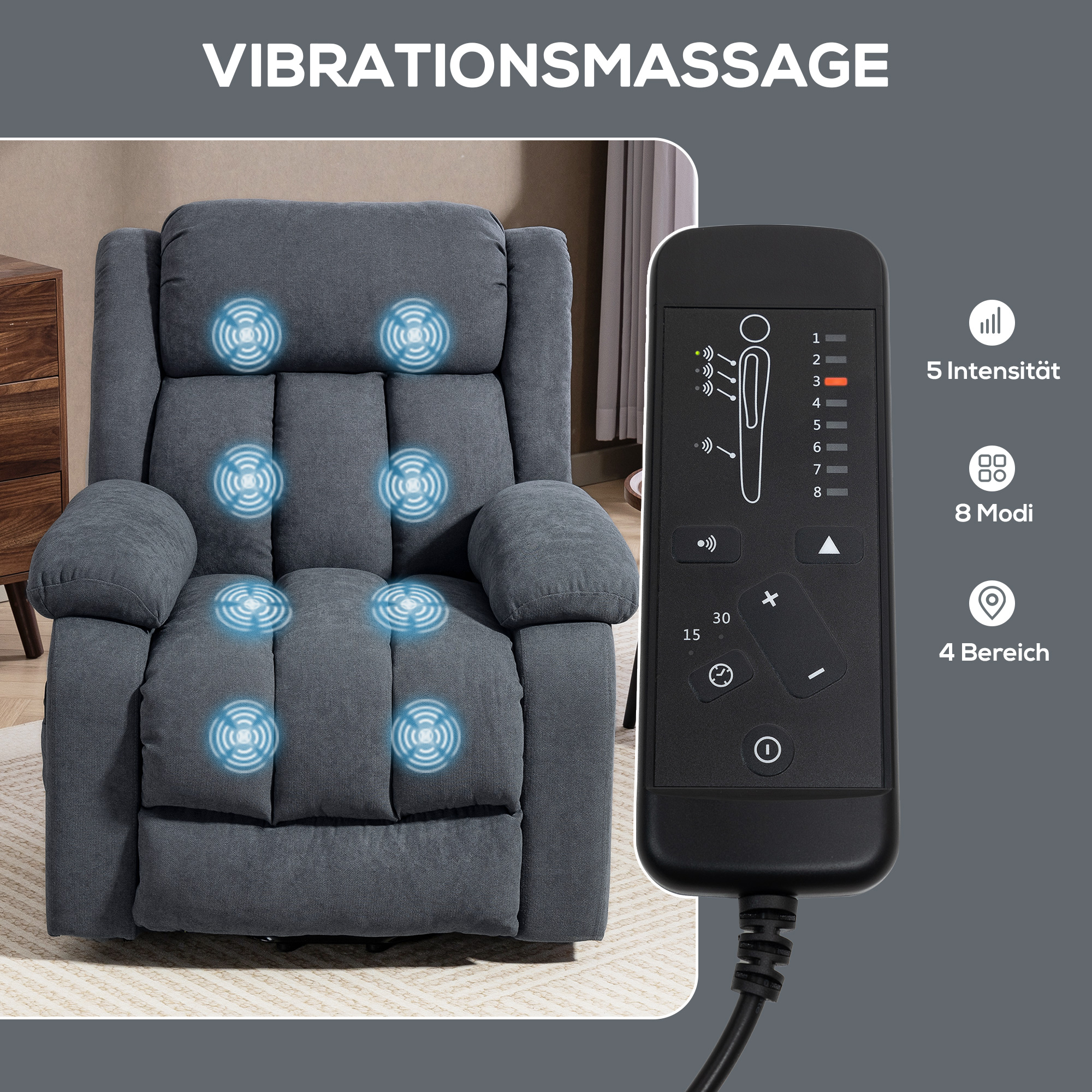 Fernsehsessel mit Aufstehhilfe Relaxsessel mit Liegefunktion, Massagefunktion, 93x91x103 cm,dunkelgrau