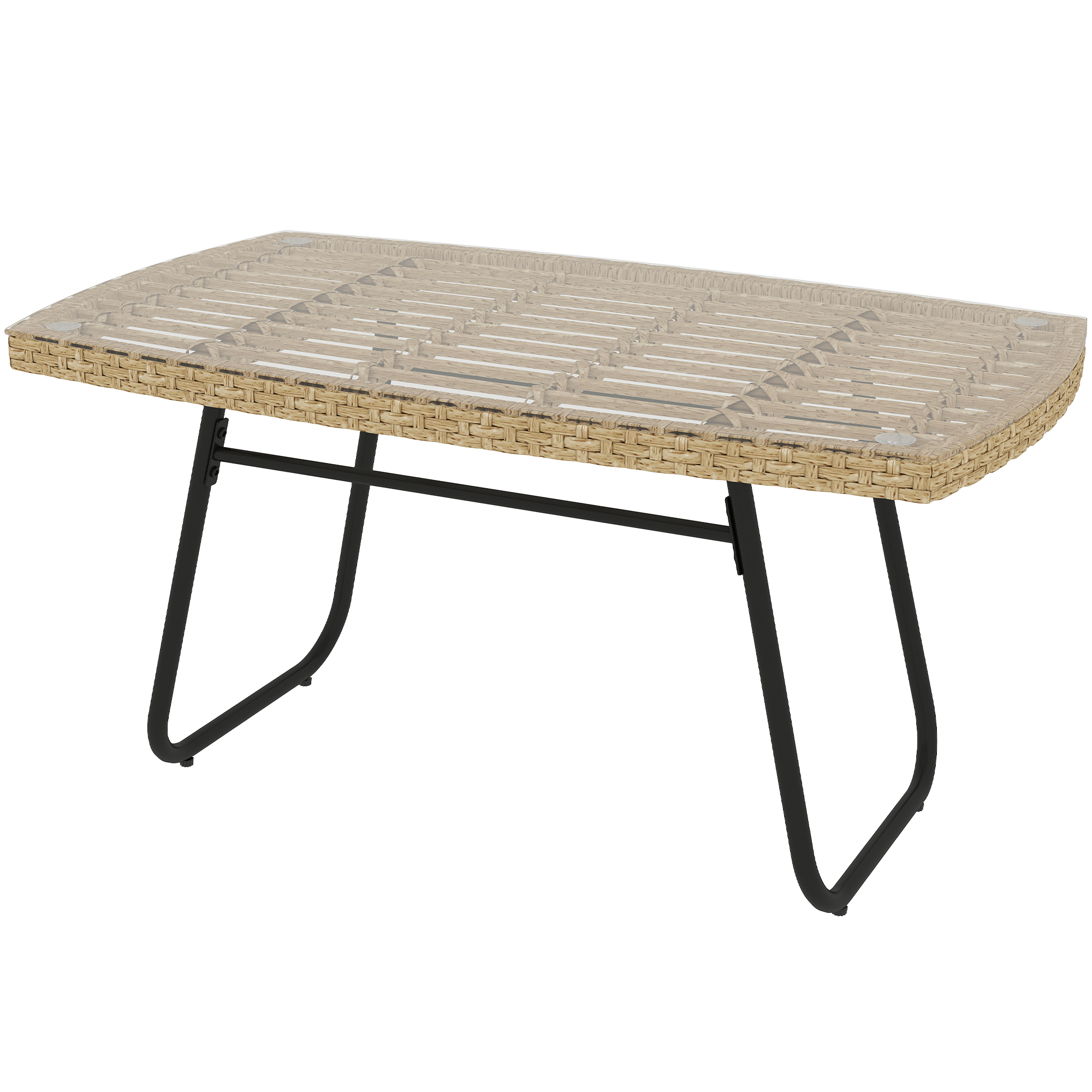 Polyrattan Gartentisch, 90 x 50 x 45 cm, UV-beständig Beistelltisch mit Glasplatte Naturholz
