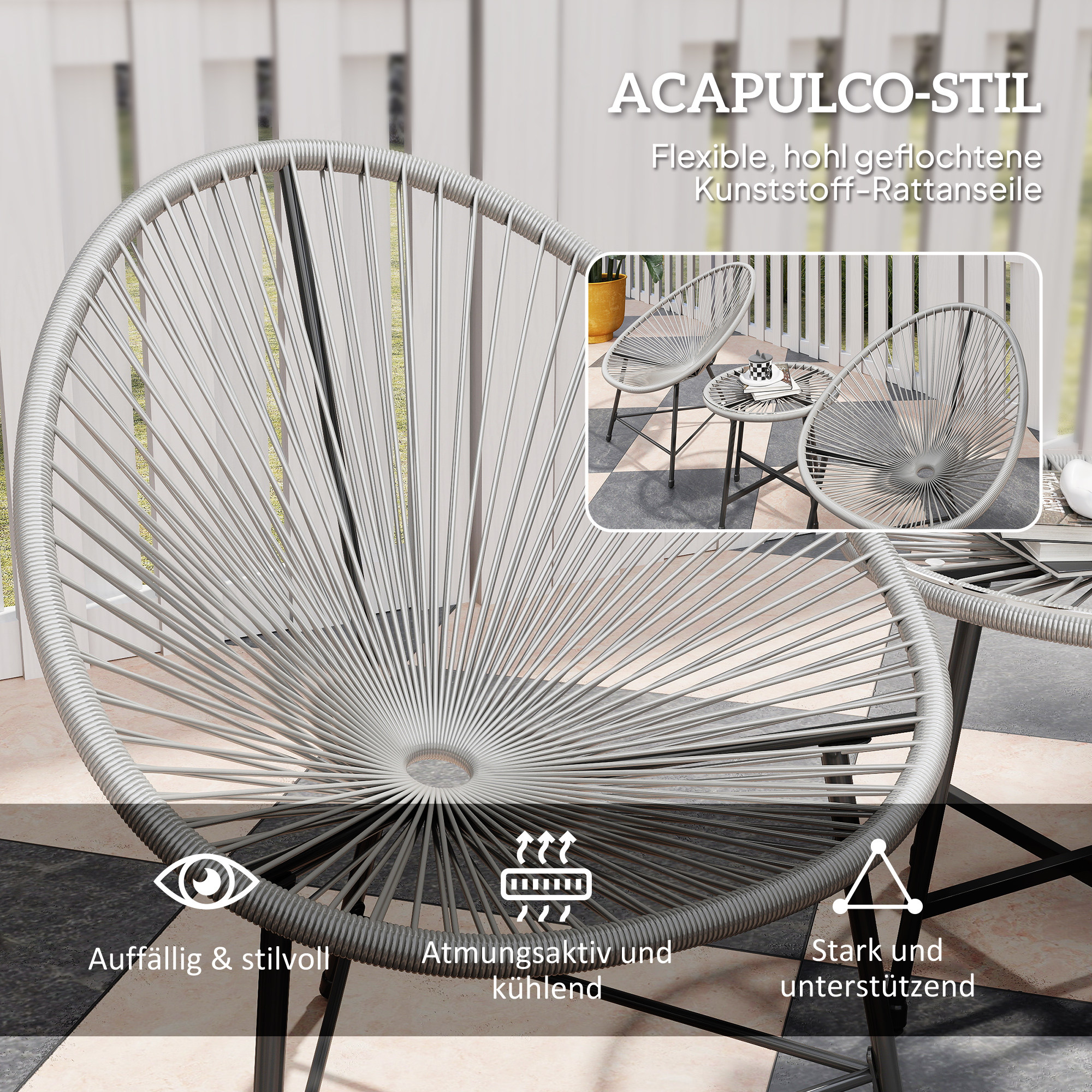 3-teiliges Gartenmöbel-Set, 2 Kunststoffrattan-Stühle, 1 Tisch mit Glasplatte, Stahlrahmen, Outdoor-Sitzmöbel, Grau