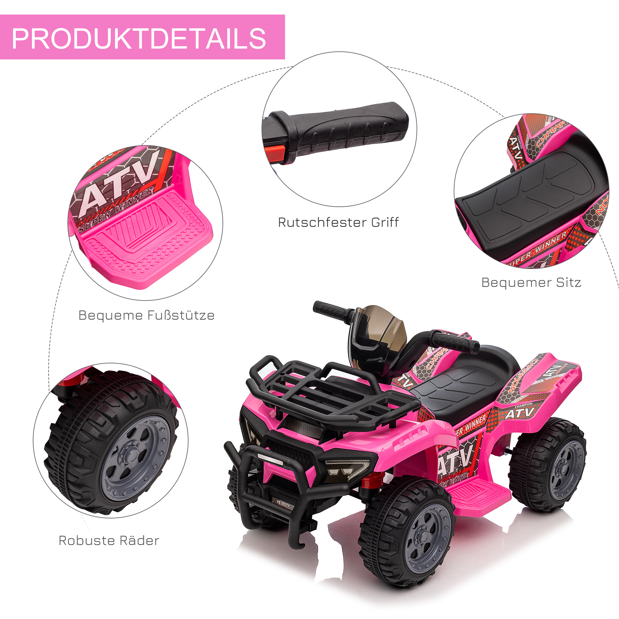 Kinderquad 6V Kinderquad mit Vorwärtsfunktion, Musik, Elektro-Quad für Kinder 1,5-3 Jahre Rosa