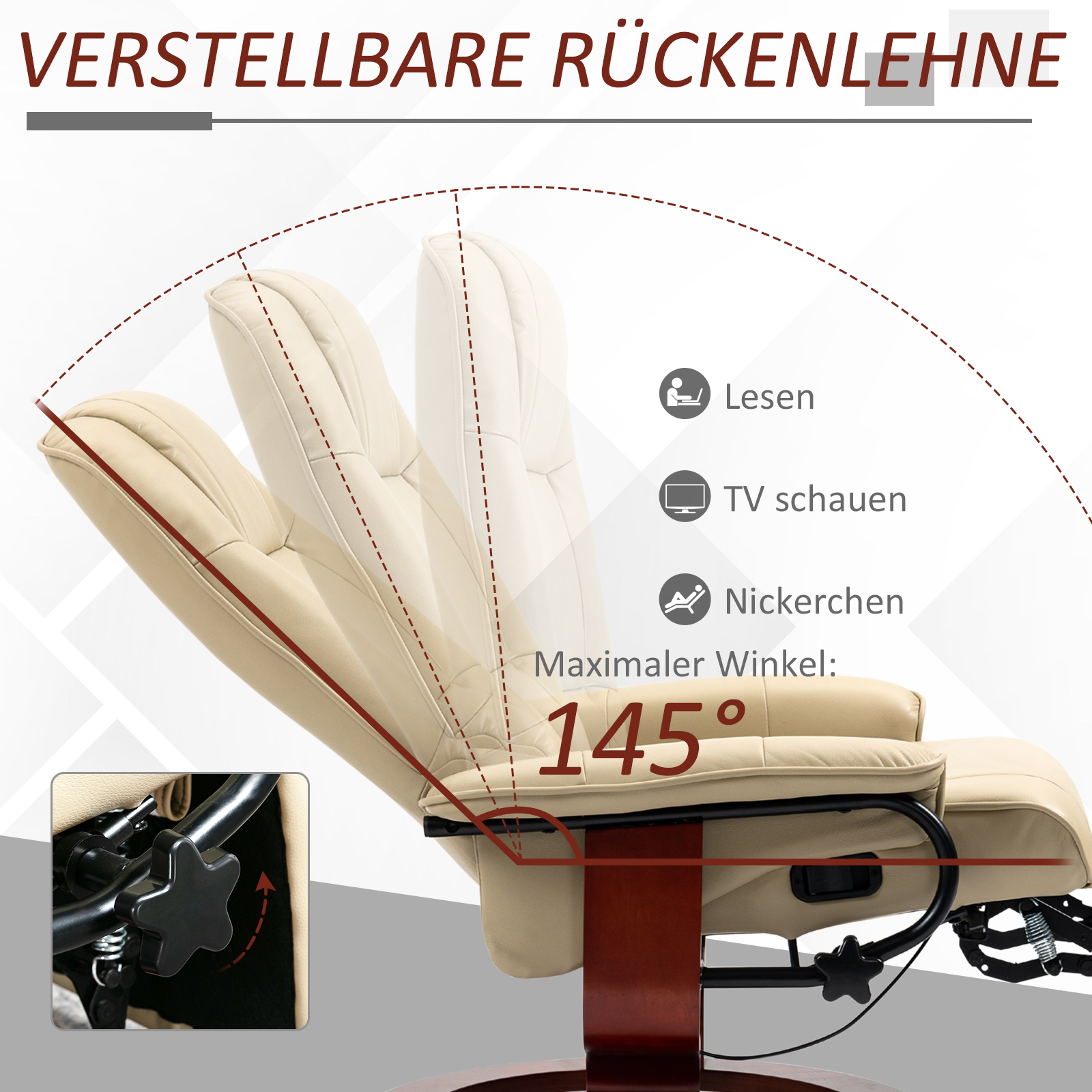 Relaxsessel, verstellbar, Liegefunktion, bis 120 kg, Kunstleder, 78 x 87 x 100 cm, Creme