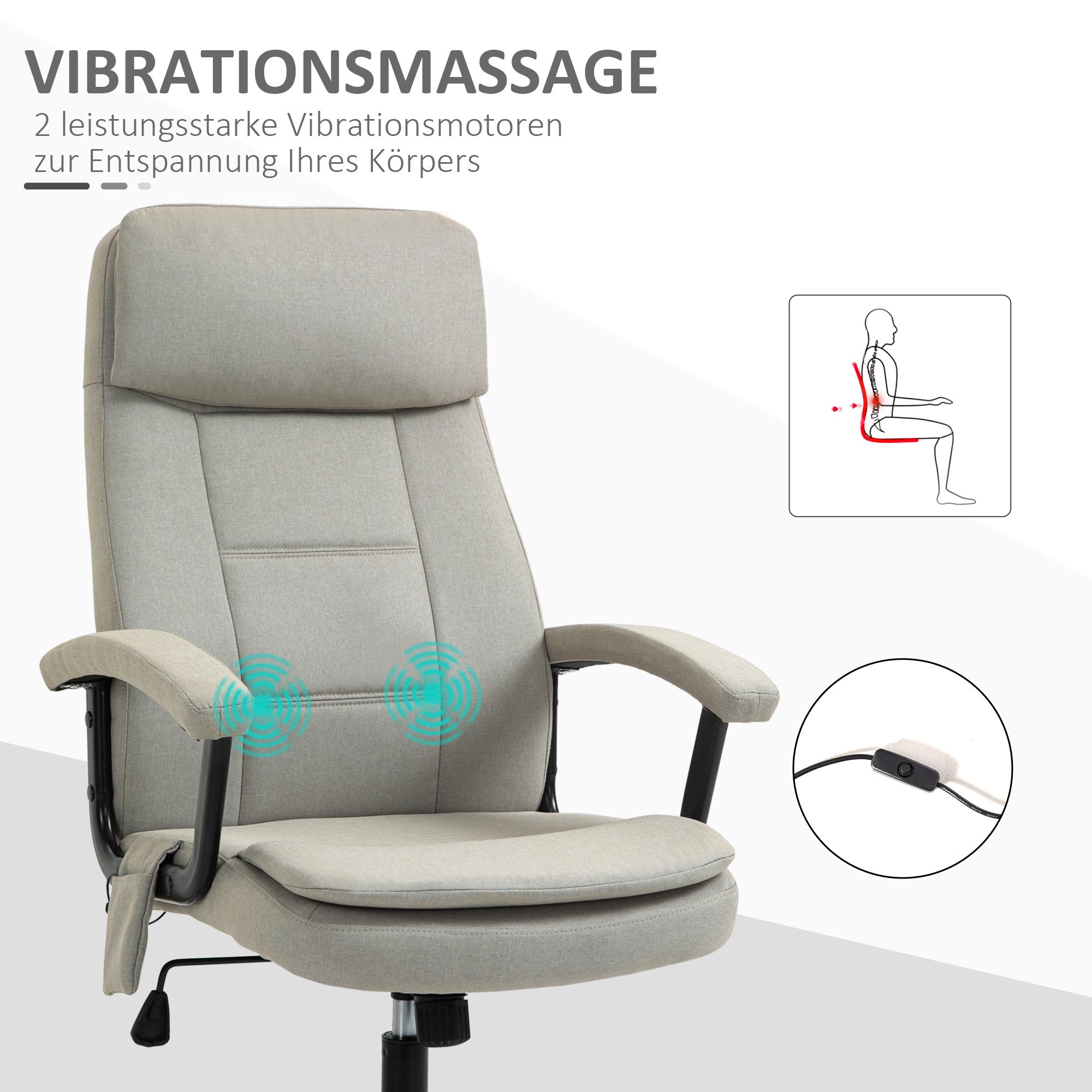 Bürostuhl Massage höhenverstellbarer Chefsessel Gamingstuhl mit Massagefunktion, ergonomischer Drehstuhl Massage Sessel Lendenwirbelsäulenmassage Leinen-Gefühl Beige 63 x 70 x 112-121 cm