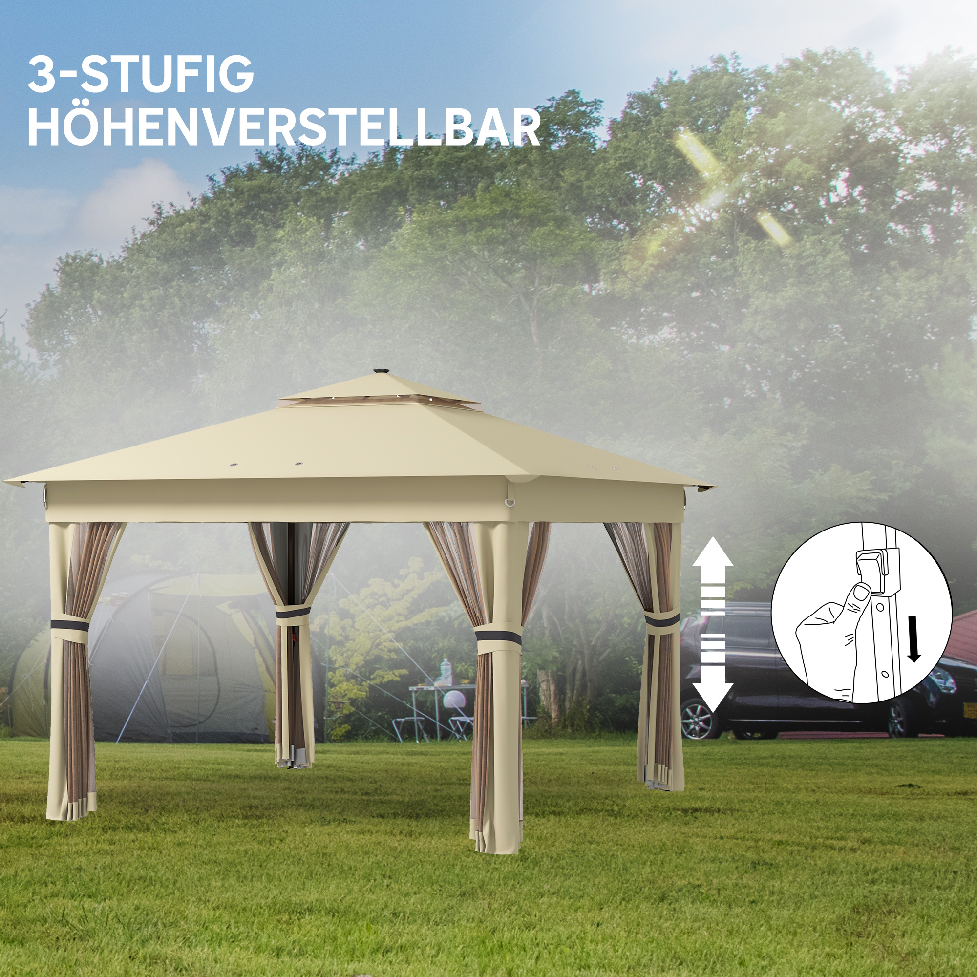 Pavillon 3,3x3,3m Wasserabweisend Pop-up Faltpavillon mit LED, Doppeldach, Moskitonetz 4 Seitenteilen Tasche