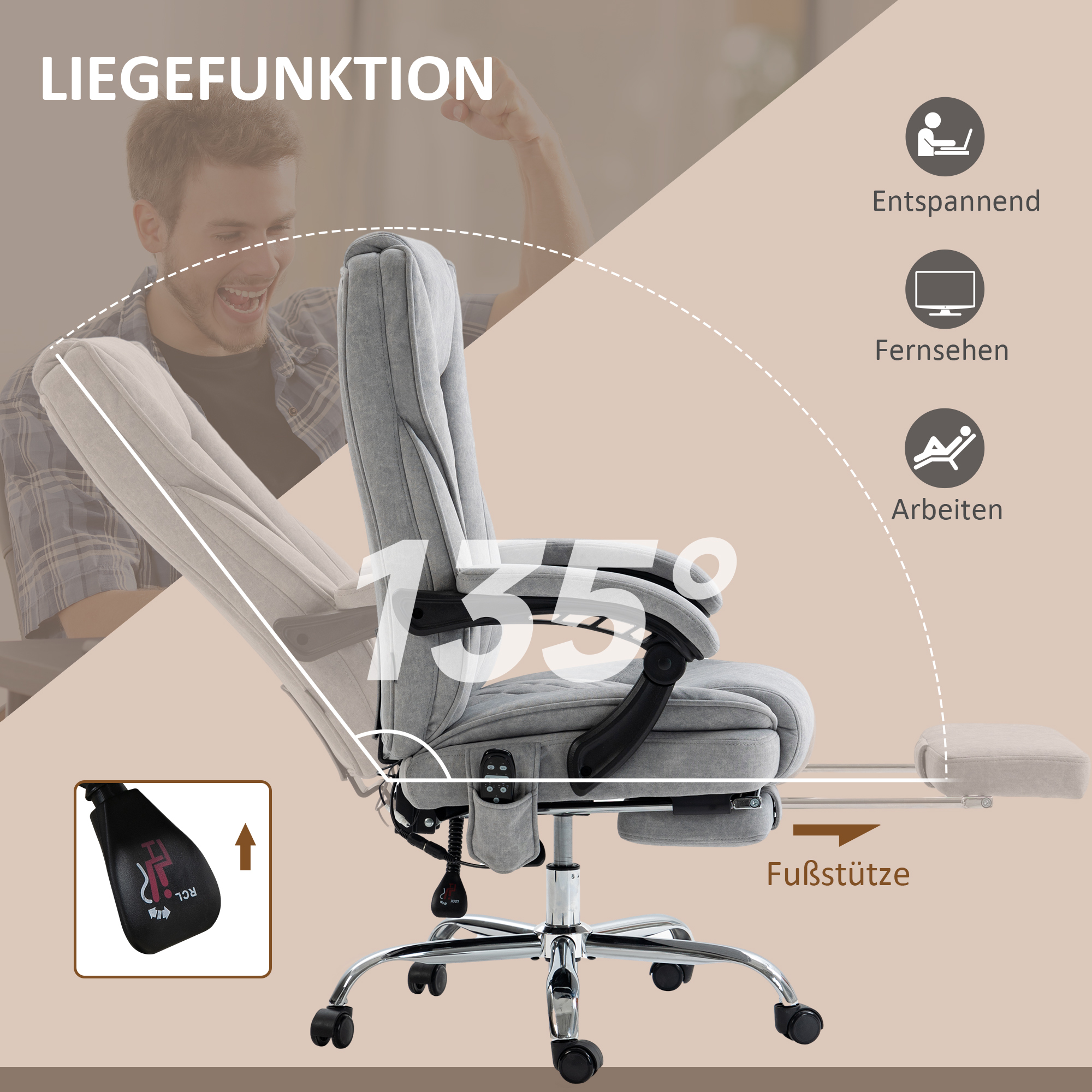 Ergonomischer Bürostuhl mit Massagefunktion, Fußstütze, drehbar, rollbar, Grau