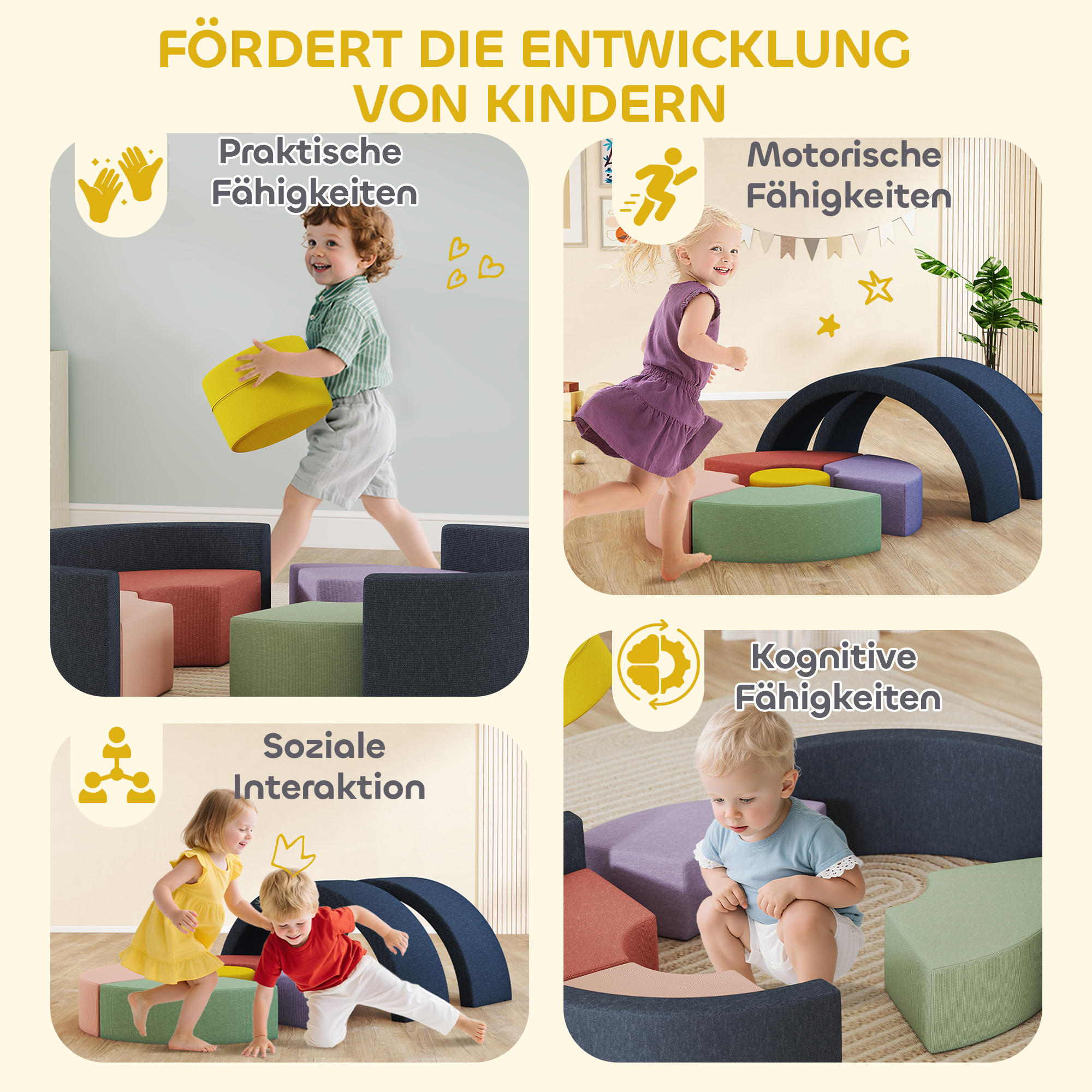 7-teiliges Weichbauklötze-Set für Kleinkinder, Schaumstoff, waschbarer Cordbezug, verschiedene Formen, Bunt