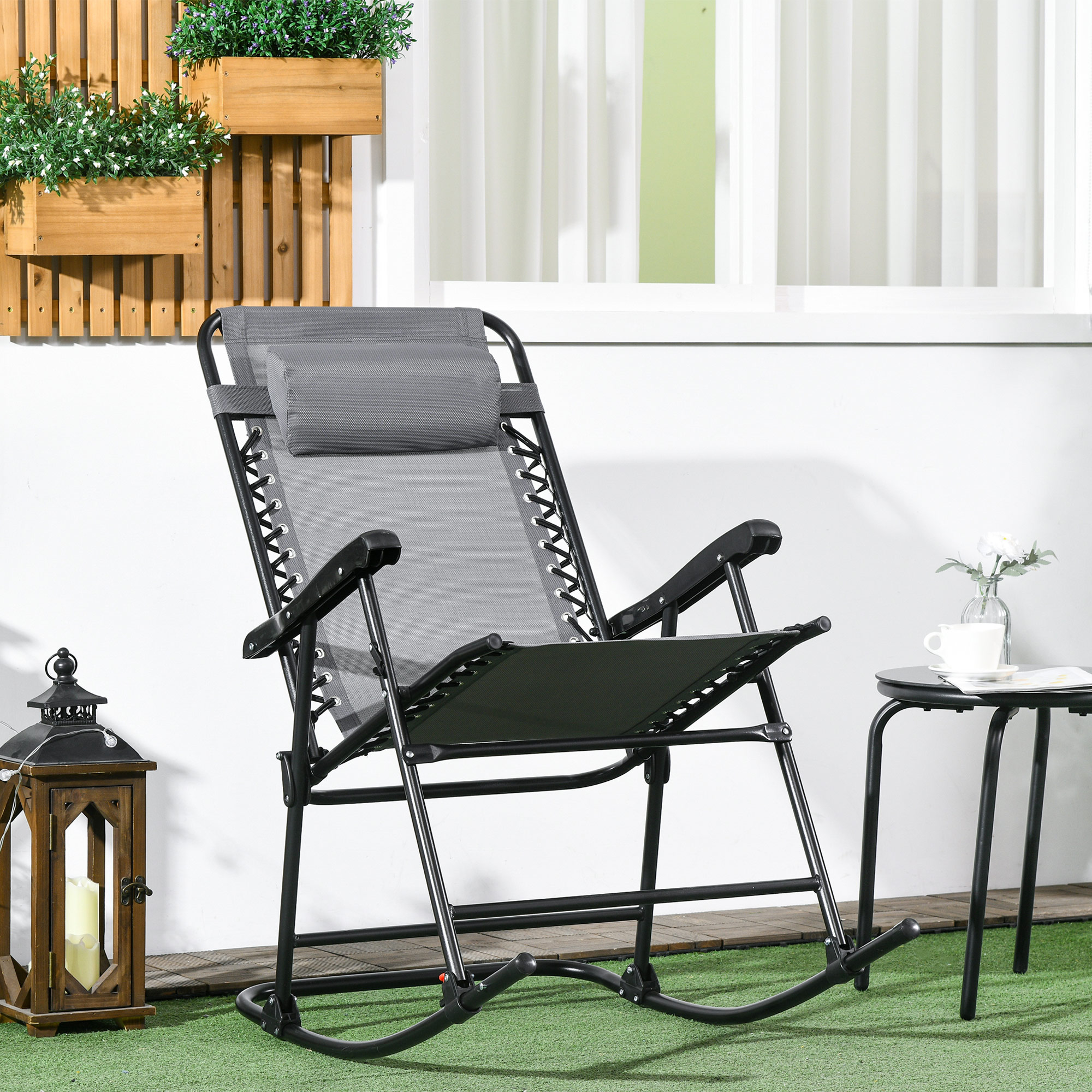 Outdoor Schaukelstuhl, wetterfest, klappbar, mit Kopfkissen, bis 120 kg, Hellgrau