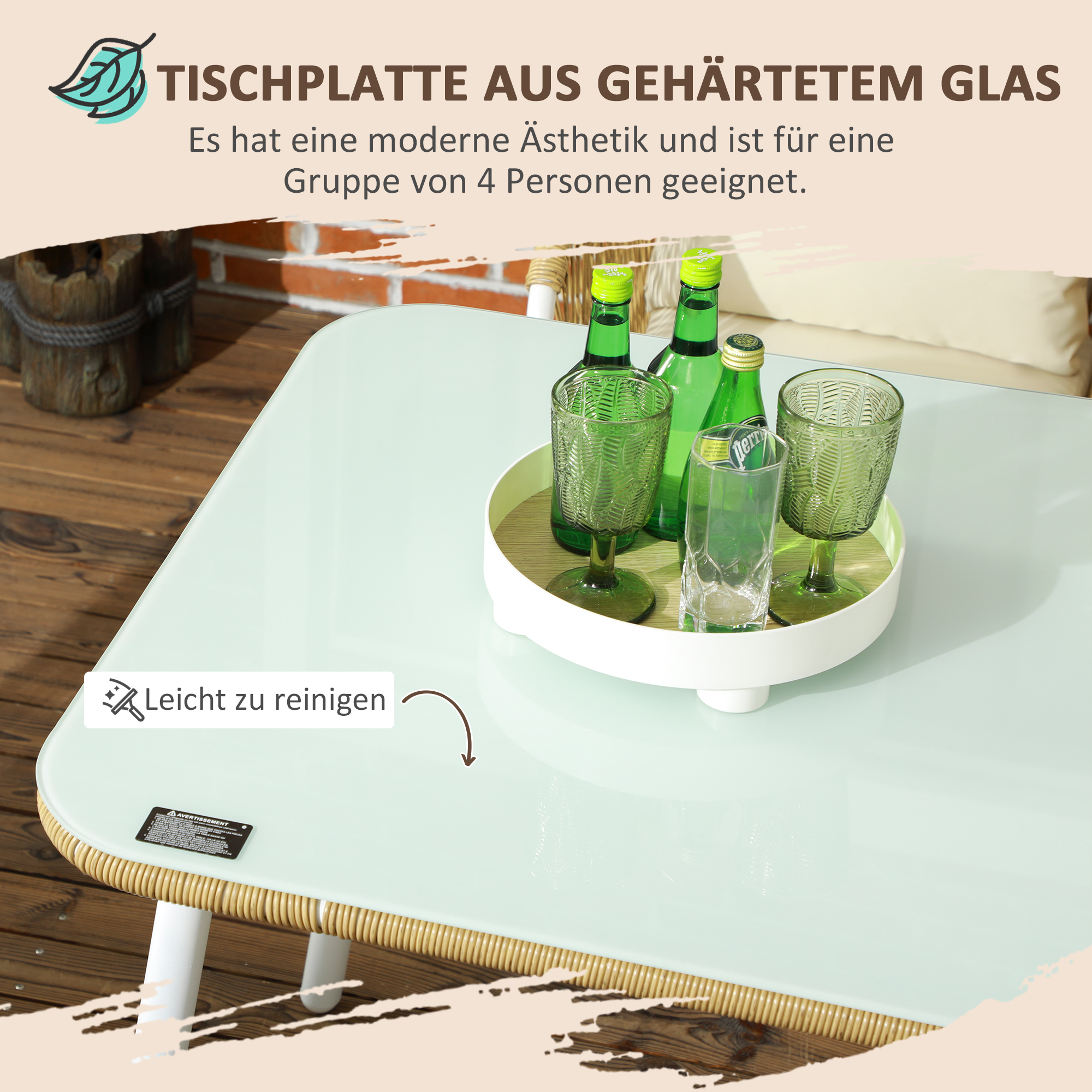 Gartengarnitur, 5-teilig, Rattanoptik, Sitz- & Rückenkissen, rostfreier Alu-Rahmen, Gelb/Weiß/Beige