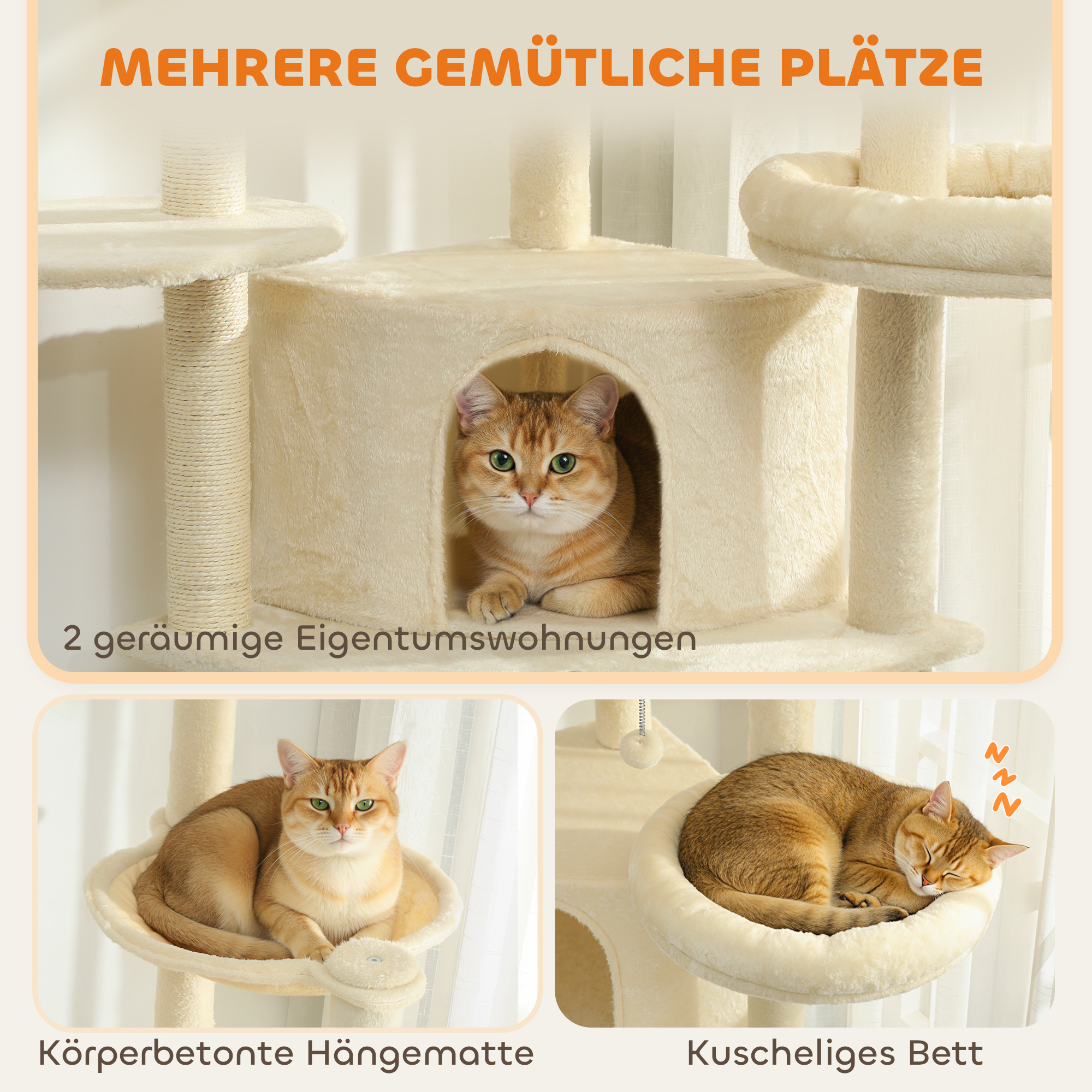 2 Meter hoher Kratzbaum für 2-3 Katzen, Kratzpfosten, Höhlen, Hängematte, Verstecke, mehrstöckiges Design, Sisal, Holz, Plüsch, Beige