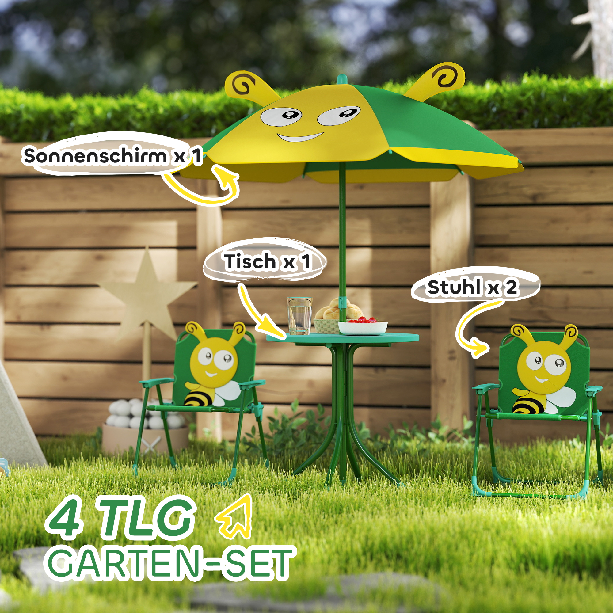 Gartenmöbel-Set für Kinder, Stühle, Tisch, Sonnenschirm, Bienen-Design, Grün+Gelb