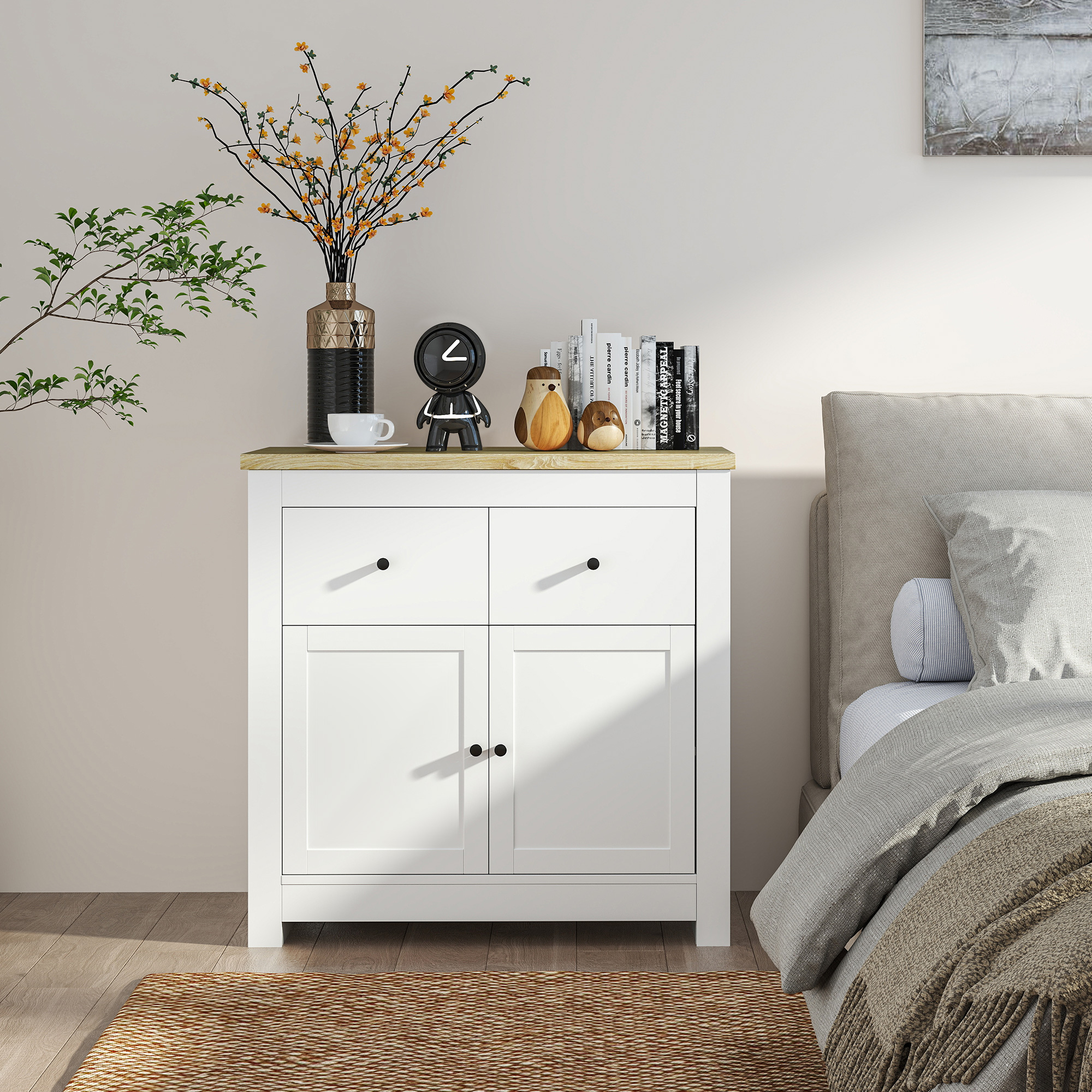Kommode mit viel Stauraum, Sideboard mit Soft-Close-Türen, 2 Schubladen, verstellbares Regal, Weiß