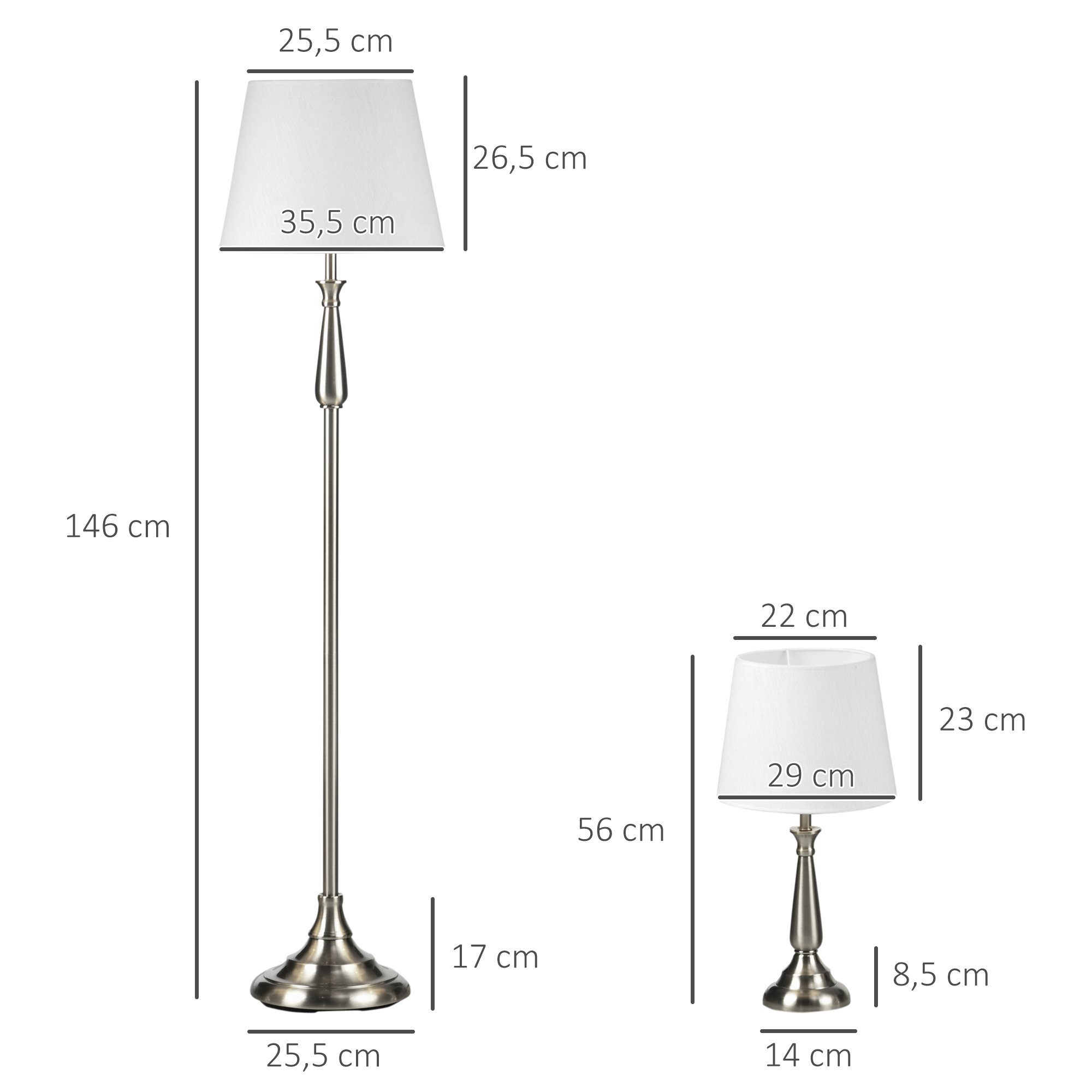3-teiliges Lampenset im Vintage-Design, 2 Tischleuchten, 1 Stehleuchte, 35,5 cm x 35,5 cm x 146 cm, Silber + Weiß