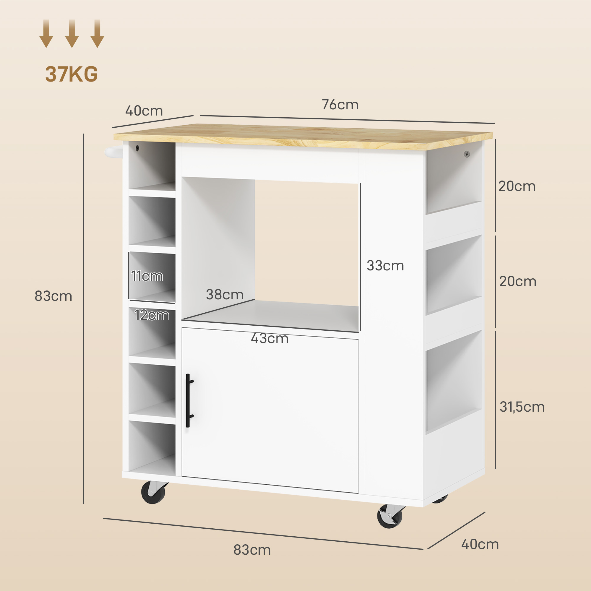 Küchenwagen, Rollbare Kücheninsel, Küchen-Trolley mit Fächern, Weinregalen, Schrank und Arbeitsfläche, Weiß
