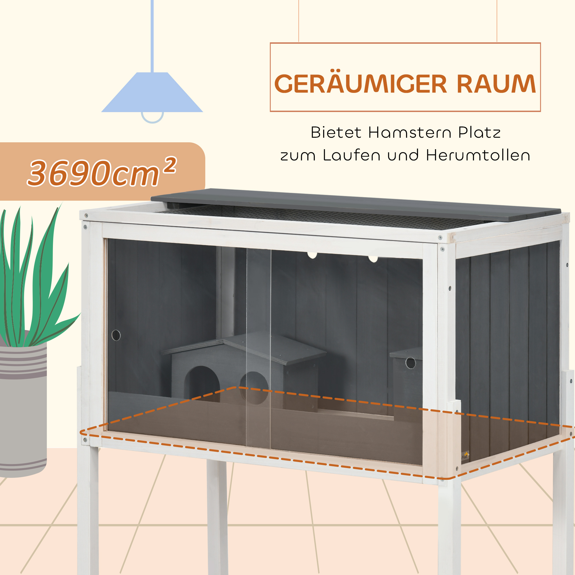 Hamsterkäfig, 3000 cm² Zwerghamsterkäfig aus Holz und Metall, mit 2 Hütten, Acrylschiebetüren, stabil, sicher, Grau+Weiß
