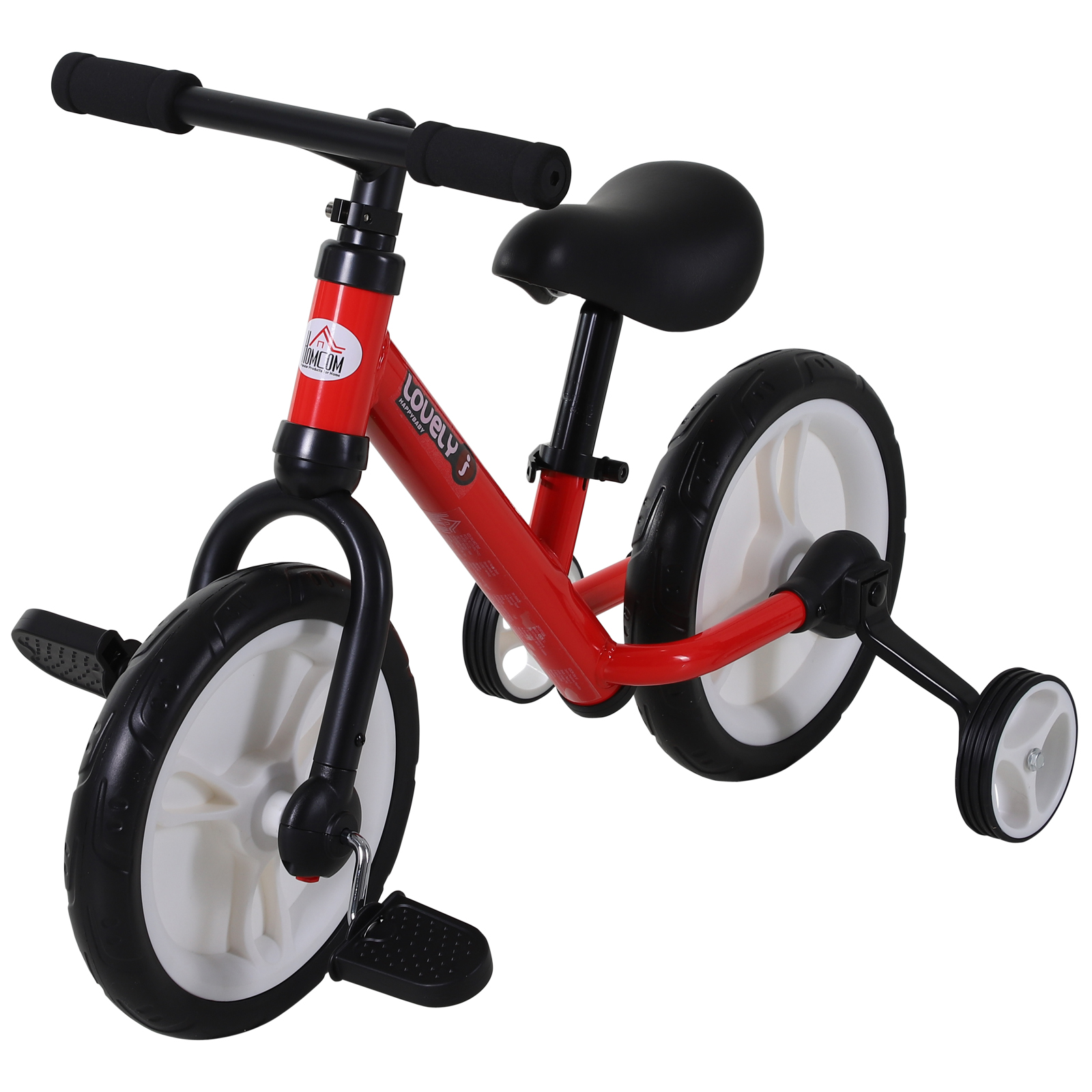 Kinder Laufrad, Lauflernrad, Kinderfahrrad, 2-in-1, Kinderrad mit Stützrädern und Pedalen, 2-5 Jahre, Sitzhöhenverstellbar, PP, Rot, 85 x B36 x H54 cm