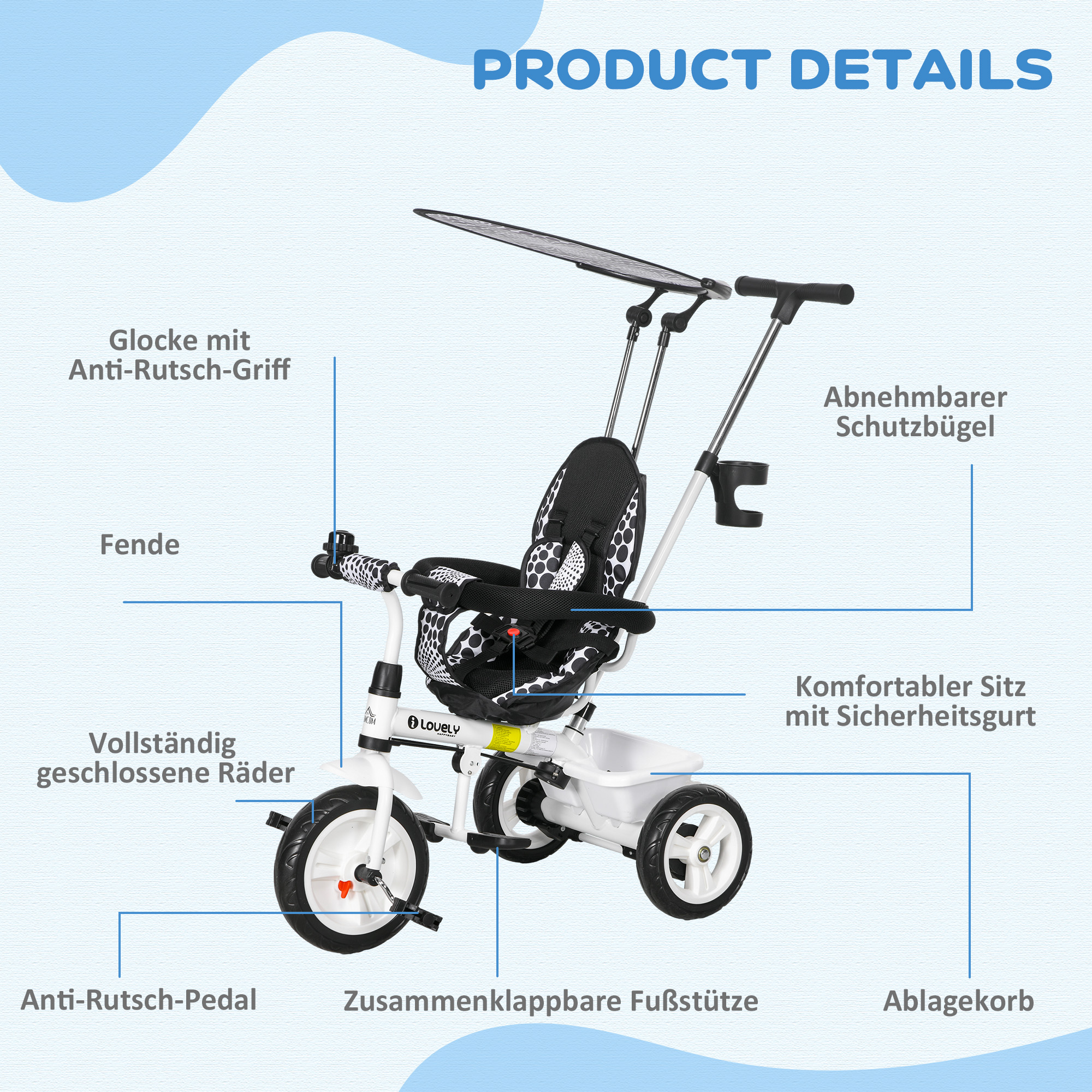 6-in-1 Kinderdreirad mit Schiebestange, Dach, Gurt, Ablagekorb, für 1-5 Jahre, Weiß