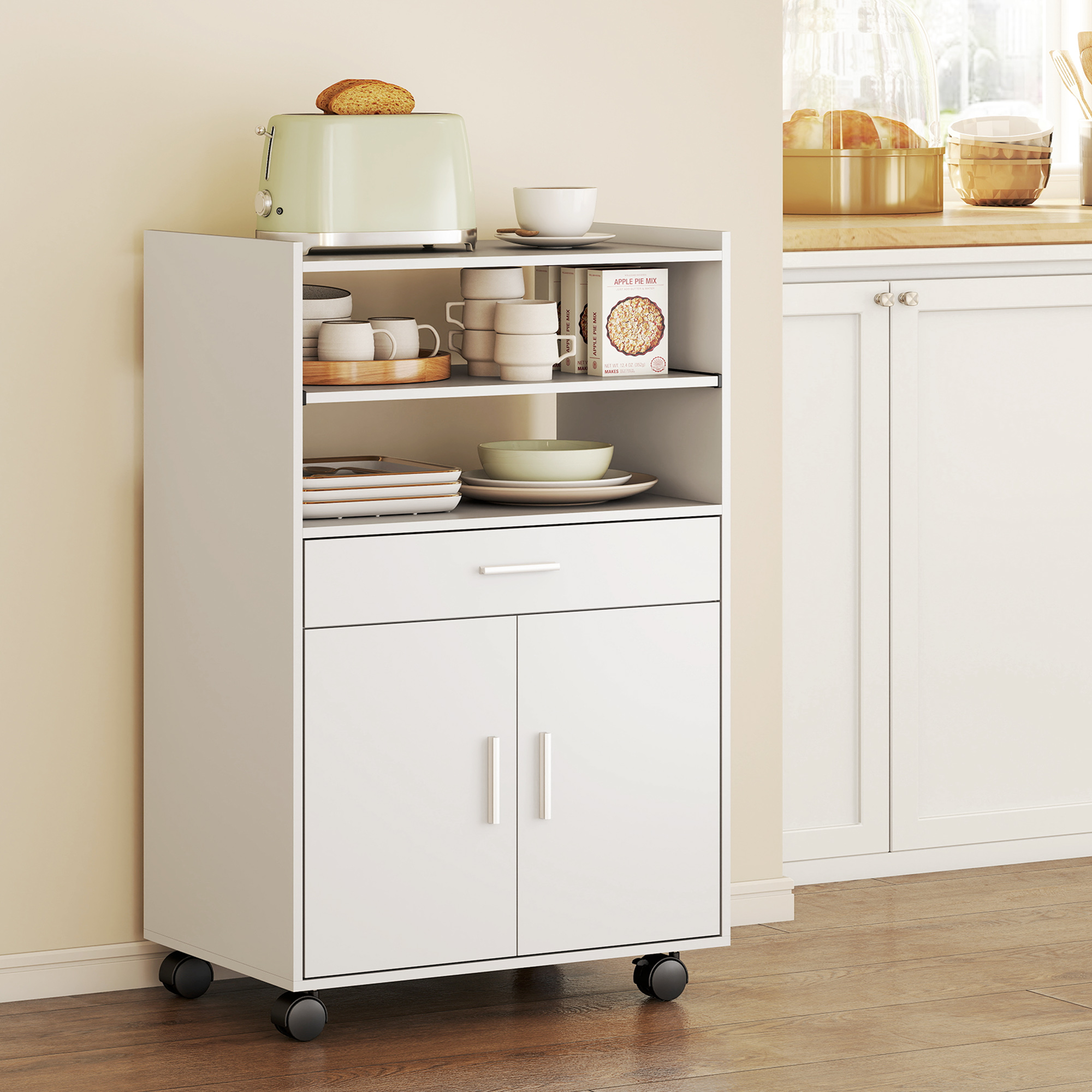 Mikrowellenschrank, Regal, Doppeltürschrank, Schublade, Rollen, Weiß