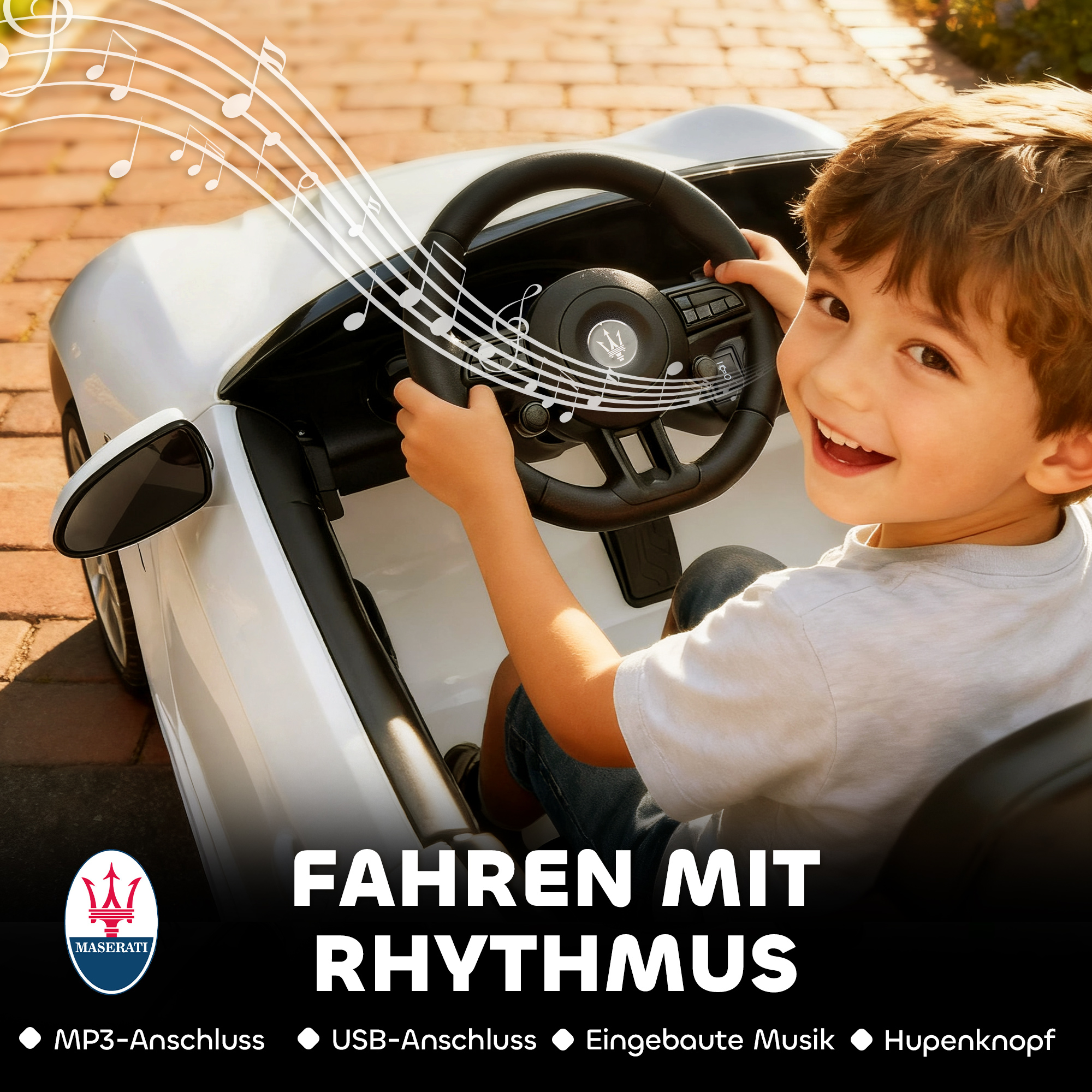 Maserati Elektroauto für Kinder, 2-Sitzer, 12V Batteriebetrieb, Fernbedienung, LED-Lichter, Musikfunktion, Weiß