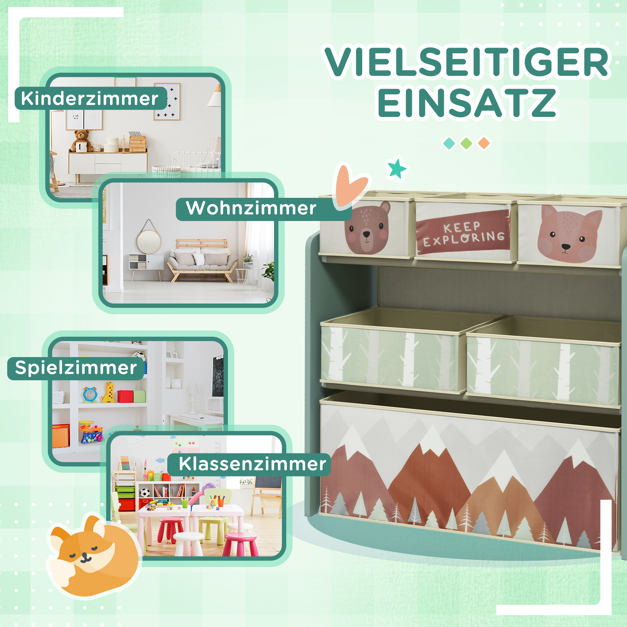 Kinderschrank mit 6 Stoffboxen, niedliches Motiv, 63x30x66 cm, Grün