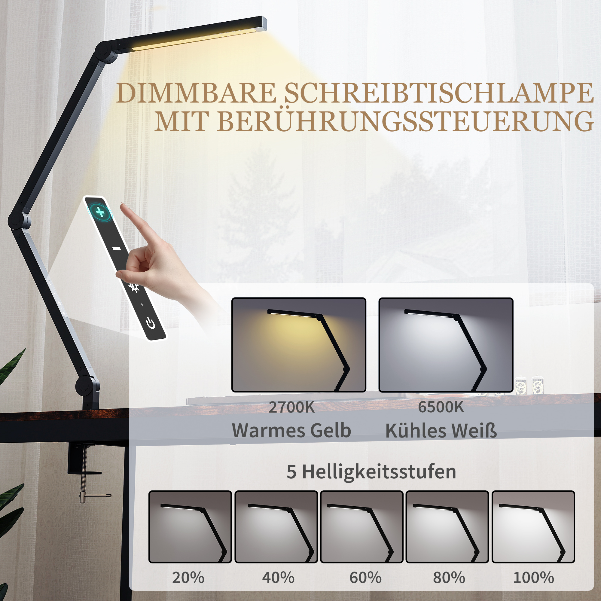 Schreibtischlampe, anpassbare Helligkeit und Farbe, Metallklemme, 96 LEDs, Schwarz