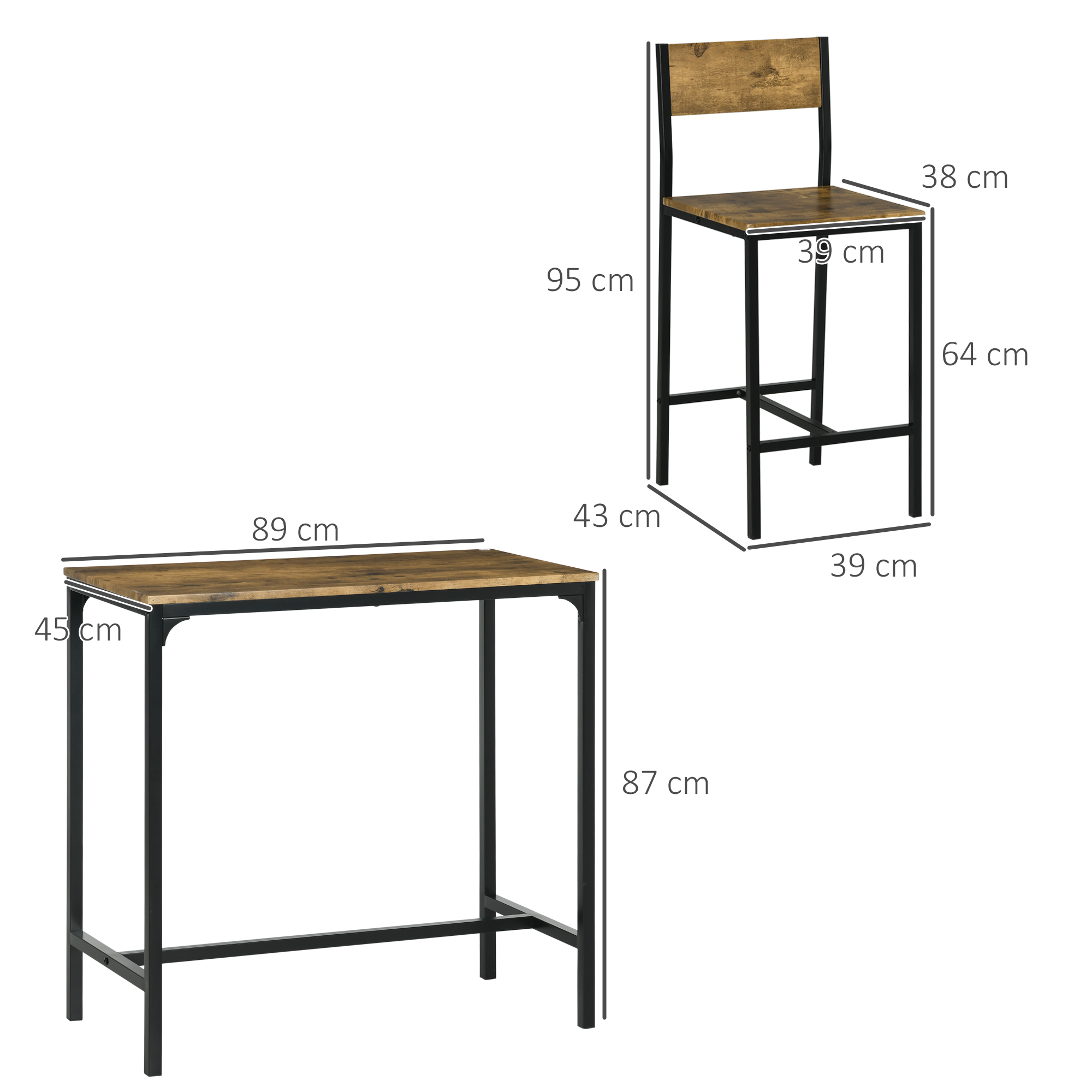 3-teiliges Bar-Set, Stehtisch, 2 Stühle, MDF, Metallrahmen, wasserfest, Braun