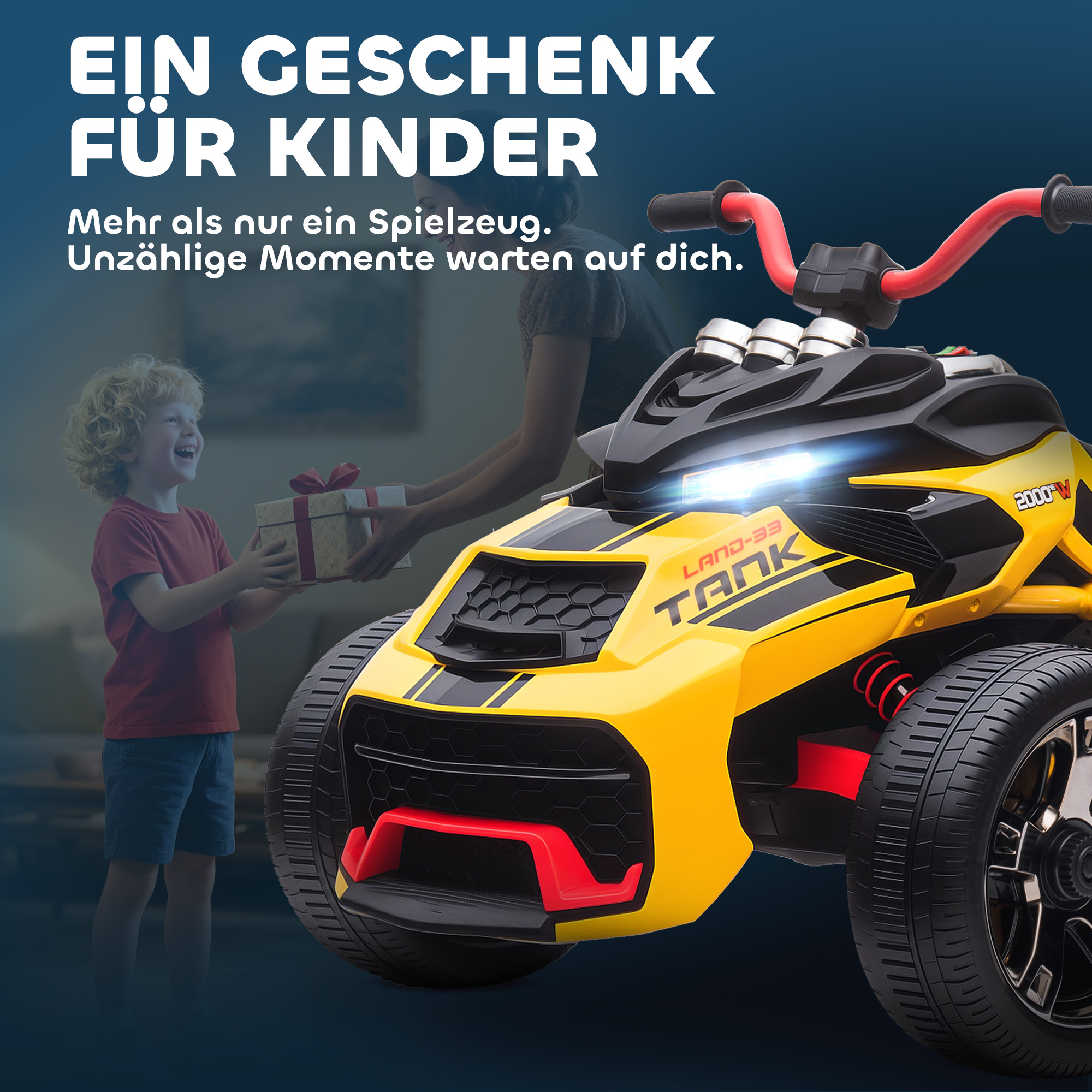 Elektrisches Kinderfahrzeug, Reverse-Dreirad-Design, Batteriebetrieb, MP3-Player, Hupe, 2 Geschwindigkeiten, LED-Lichter, 3-8 Jahre, Gelb